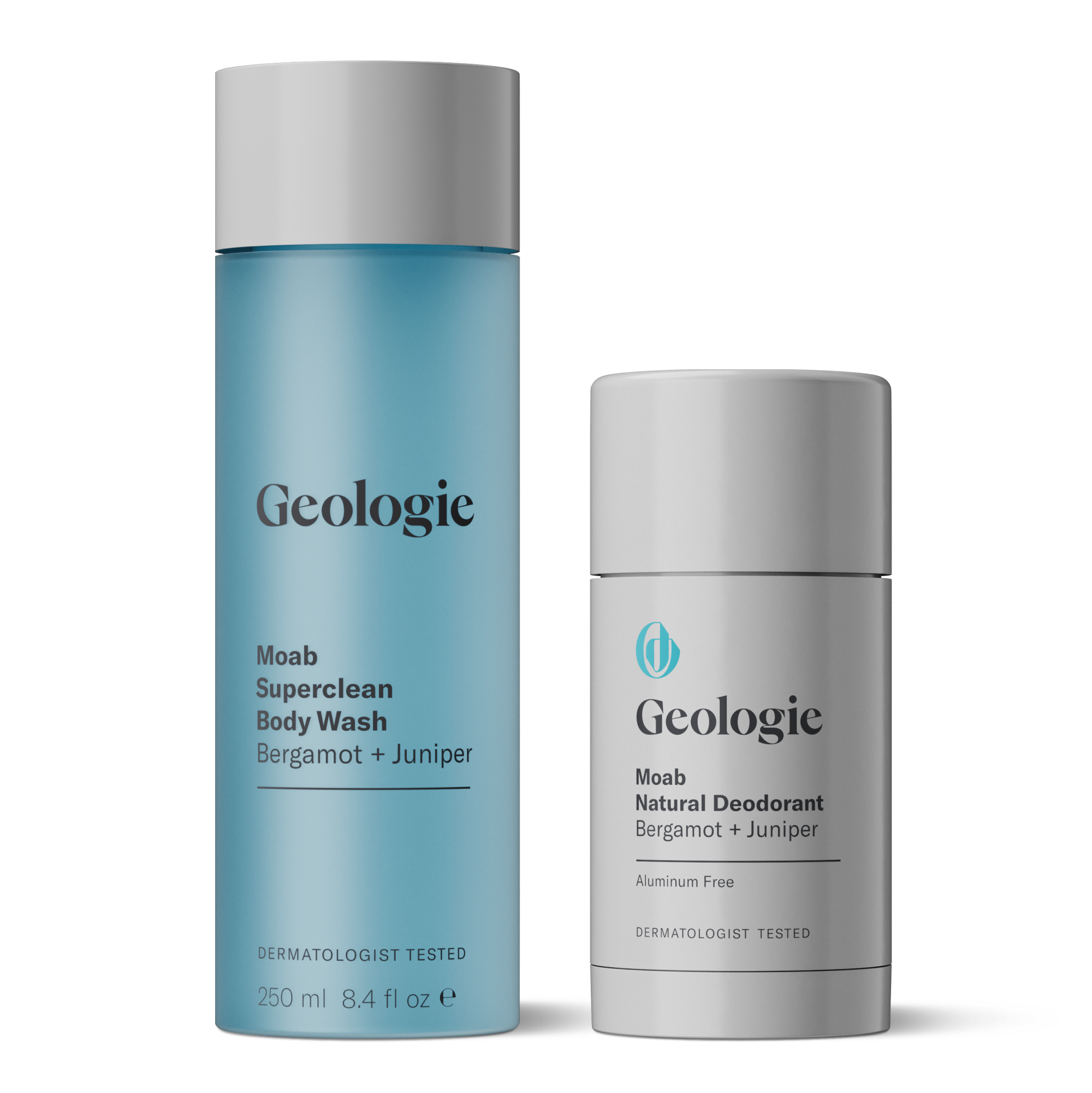 Two Geologie Body Bundles: Moab Superclean body wash and natural deodorant with Bergamot + Juniper scent.