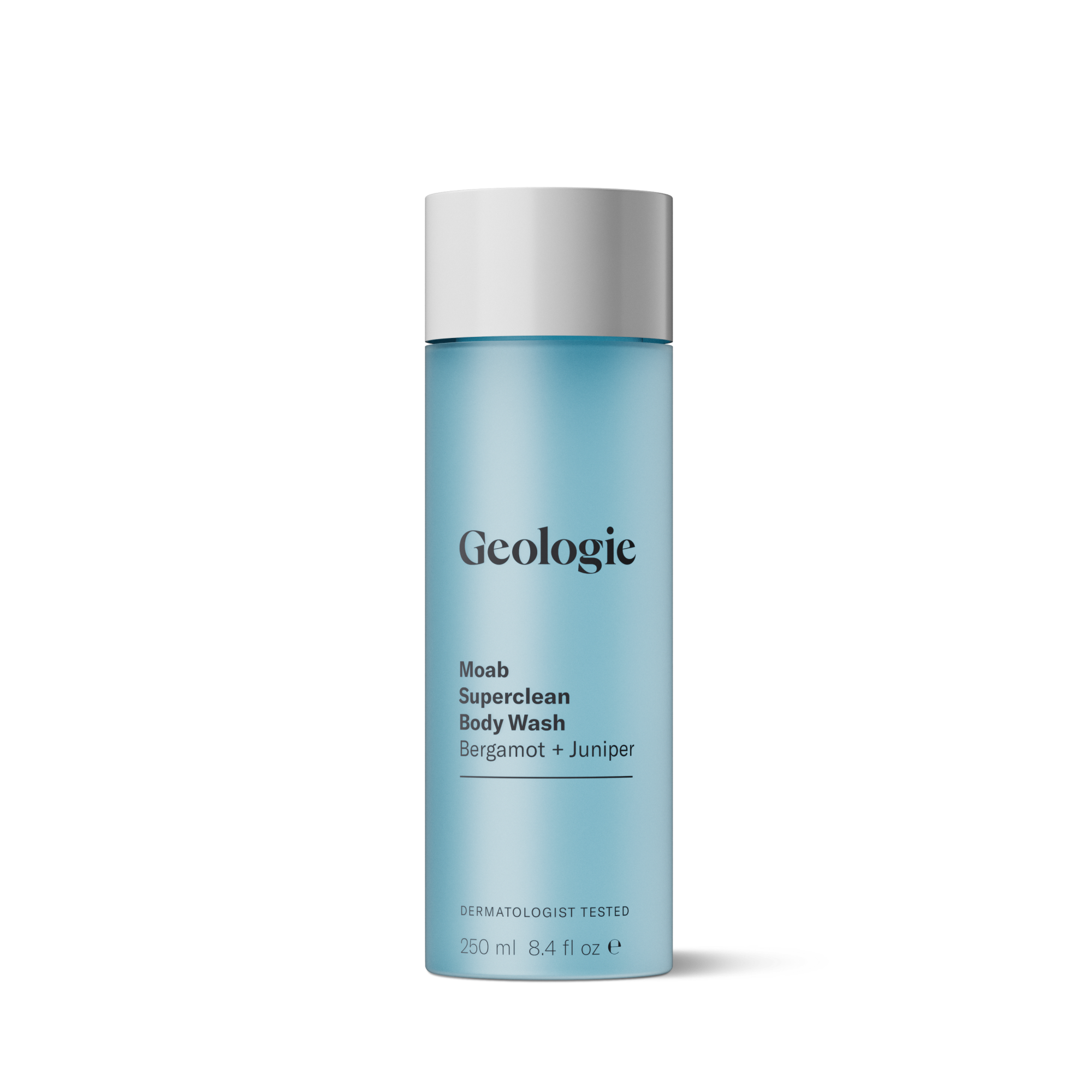 A bottle of Geologie Superclean Body Wash with Bergamot and Juniper, ideal for post-activewear refreshing due to its moisture-wicking properties.