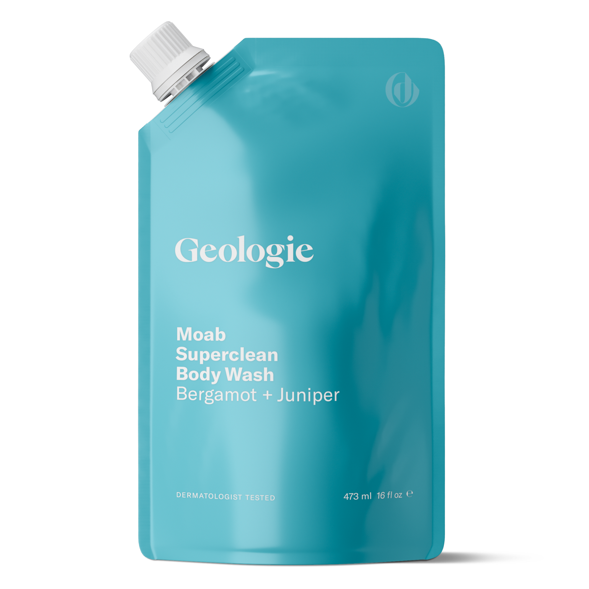 Geologie's Full Size Add-on comes in a turquoise pouch and features the Moab Superclean Body Wash, scented with Bergamot and Juniper. It has a capacity of 473 ml (16 fl oz) and is dermatologist tested.
