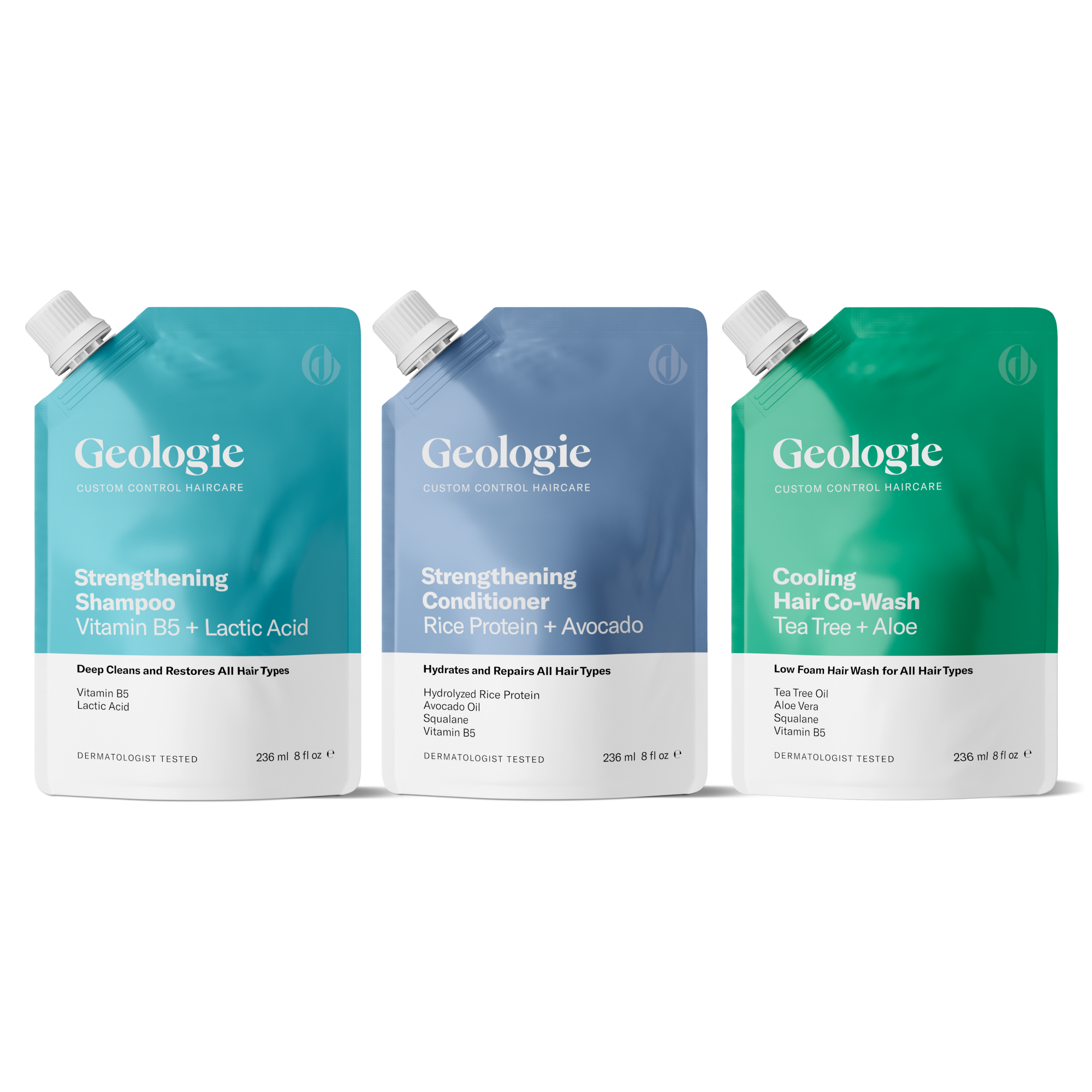 Three bottles of Geologie Custom Control Hair Routine products, including strengthening shampoo, conditioner, and cooling hair co-wash, available for product subscriptions at Geologie.com, against a white background.