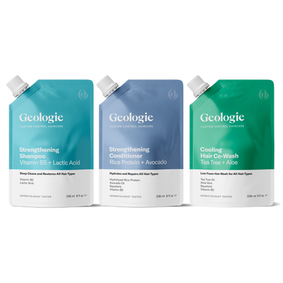 Three bottles of Geologie Custom Control Hair Routine products, including strengthening shampoo, conditioner, and cooling hair co-wash, available for product subscriptions at Geologie.com, against a white background.