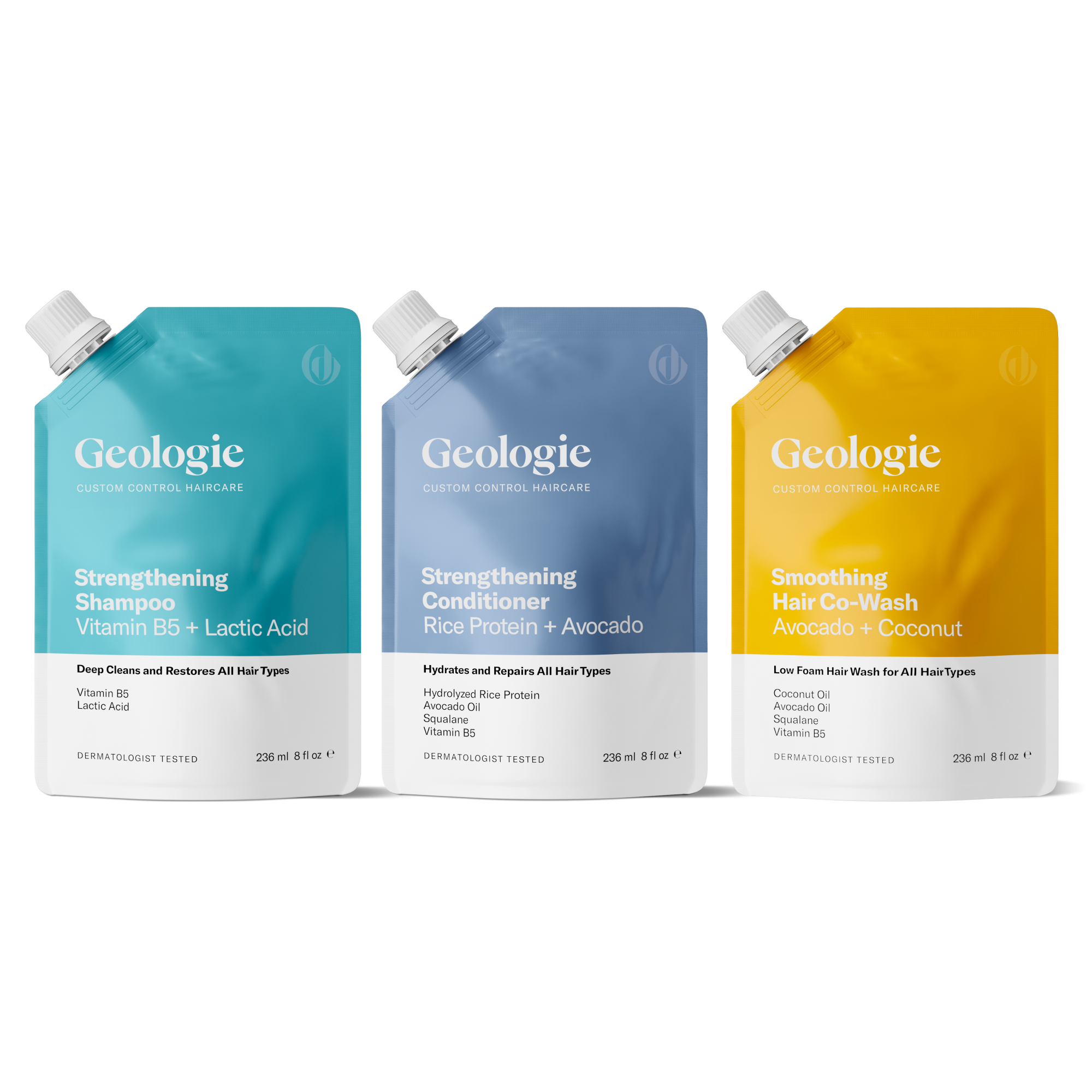 Three Geologie Custom Control Hair Routine products displayed side by side at Geologie.com: strengthening shampoo, conditioner, and smoothing hair co-wash, available for direct links and product subscriptions.