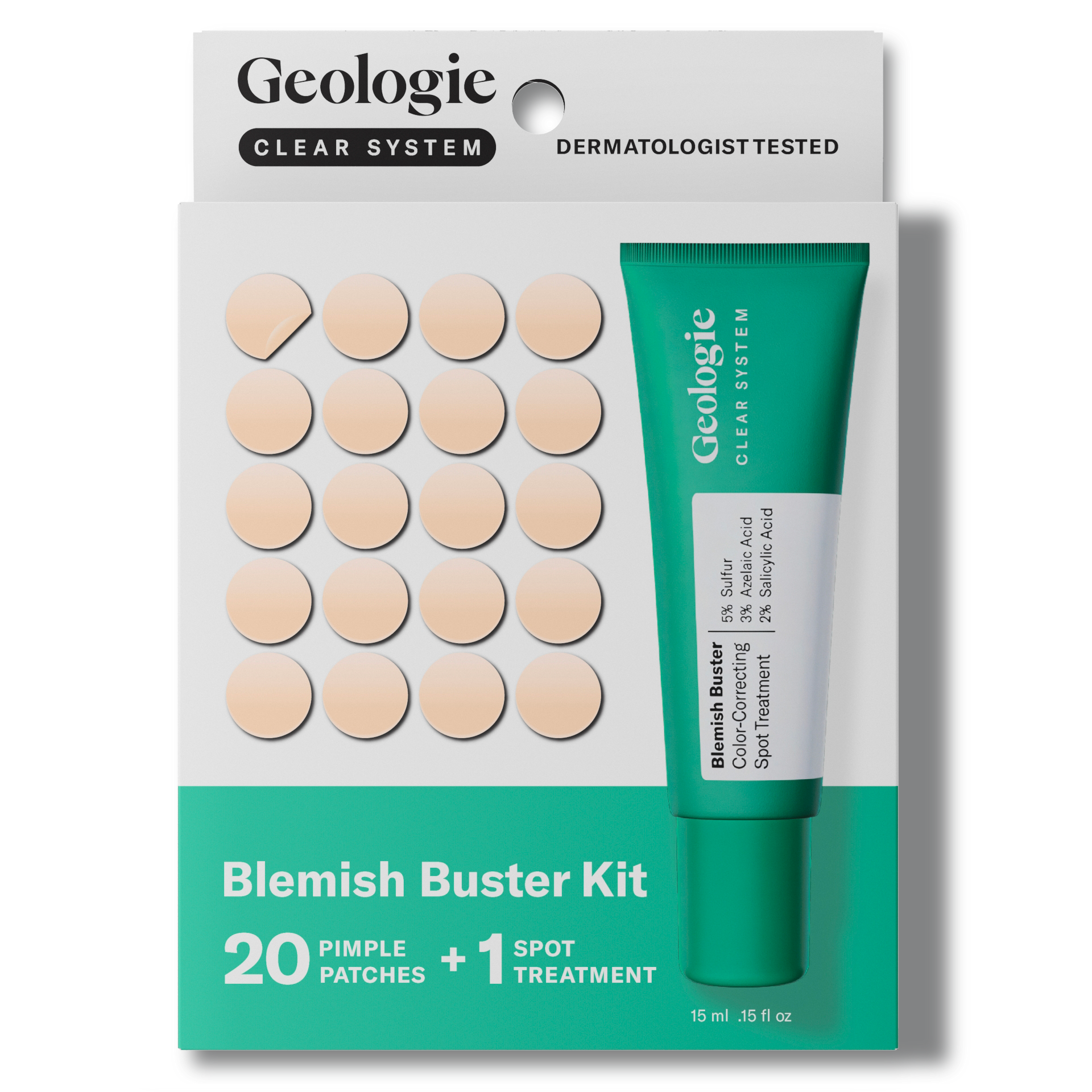 The Trial Size Add-on by Geologie includes packaging with 20 pimple patches and a spot treatment tube containing 15 ml of product.
