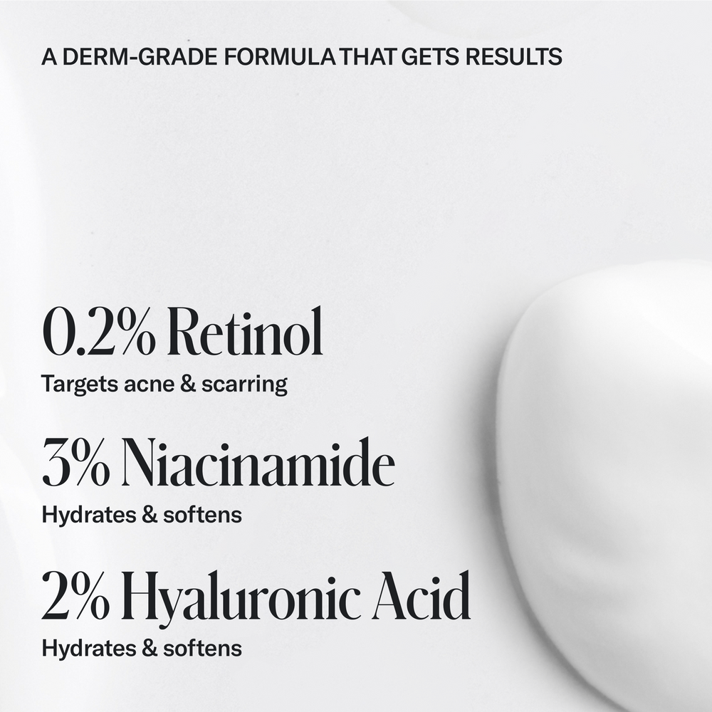Ingredients in the Geologie Skin Repair Moisturizer: 0.2% Retinol to help with acne, 3% Niacinamide for enhanced hydration, and 2% Hyaluronic Acid for softening effects. Displayed on a white background.