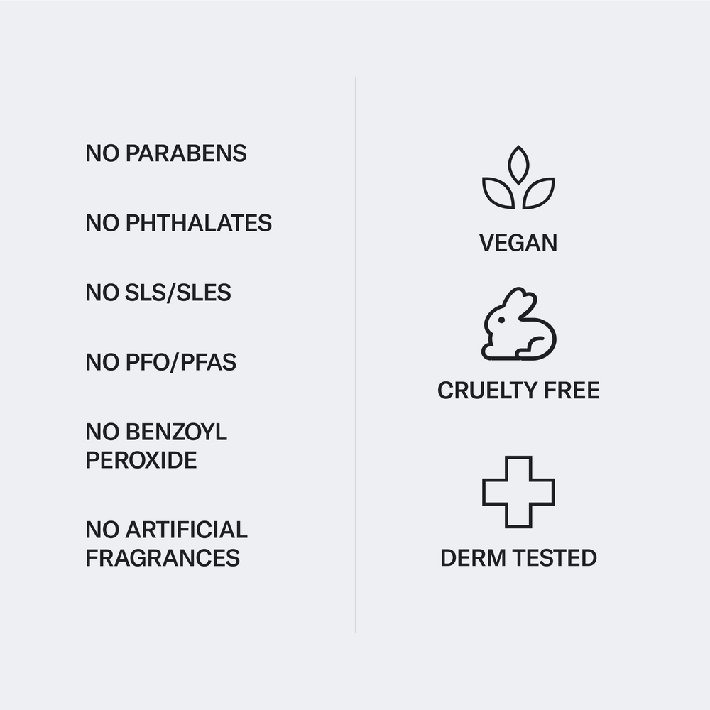 The chart for the Geologie Skin Repair Moisturizer lists its attributes: free of parabens, phthalates, SLS/SLES, PFO/PFAS, benzoyl peroxide, and artificial fragrances; it is also vegan, cruelty-free, and dermatologist tested.