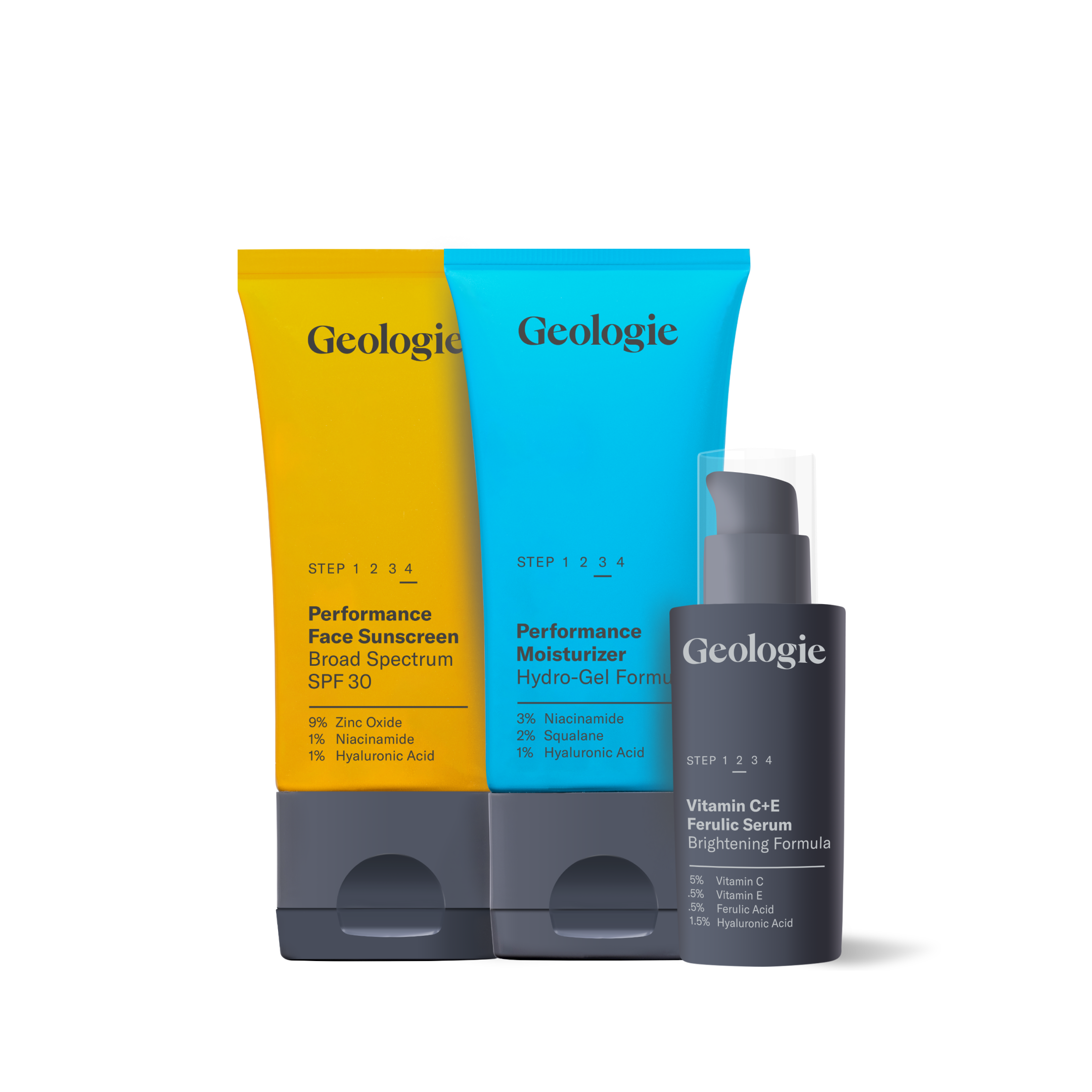 Three Sun Protection Essentials from Geologie, including vitamin C sunscreen, moisturizer, and serum, presented against a white background.