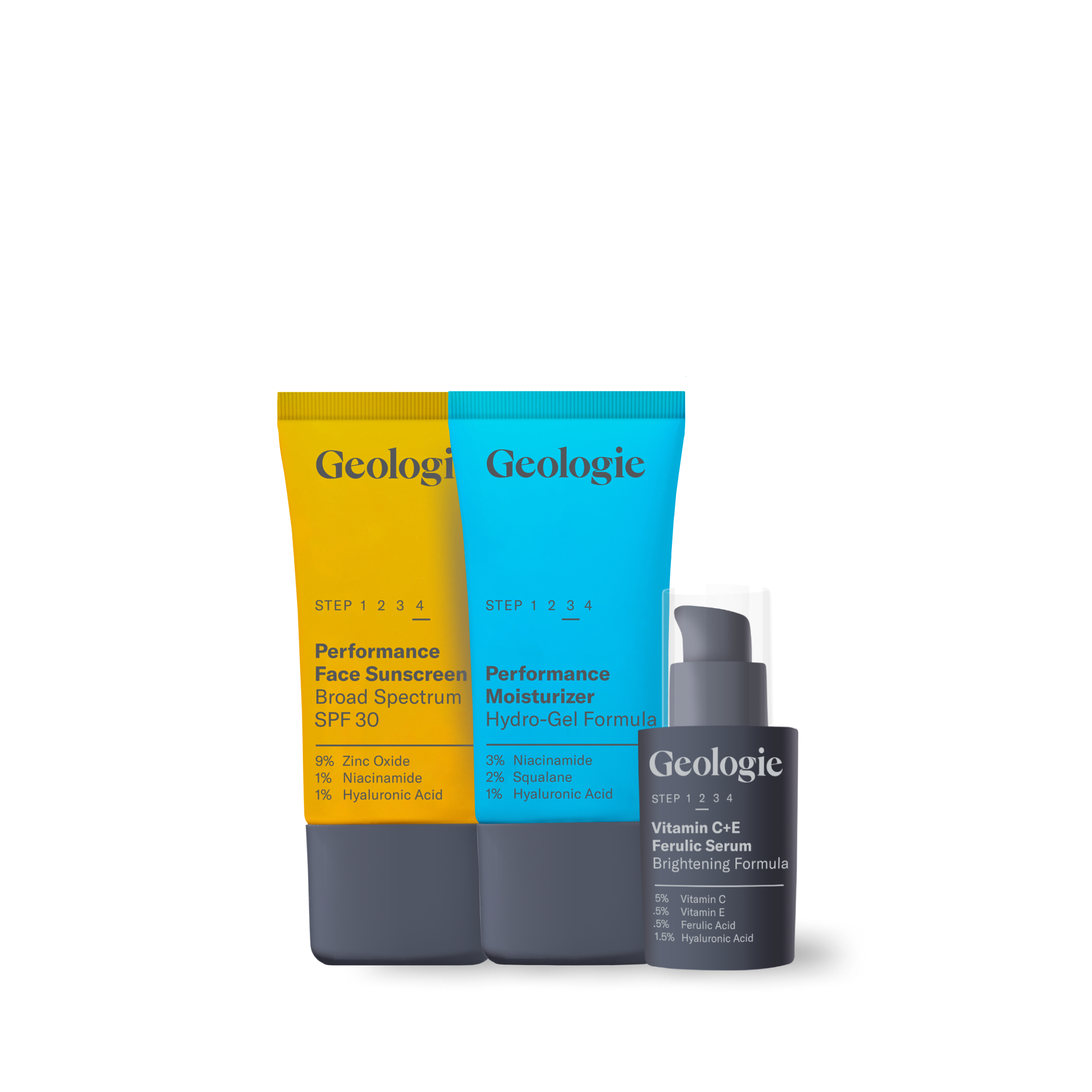 Three skincare products including a Sun Protection Essentials face sunscreen, a moisturizer, and a vitamin C serum from Geologie, arranged against a white background.