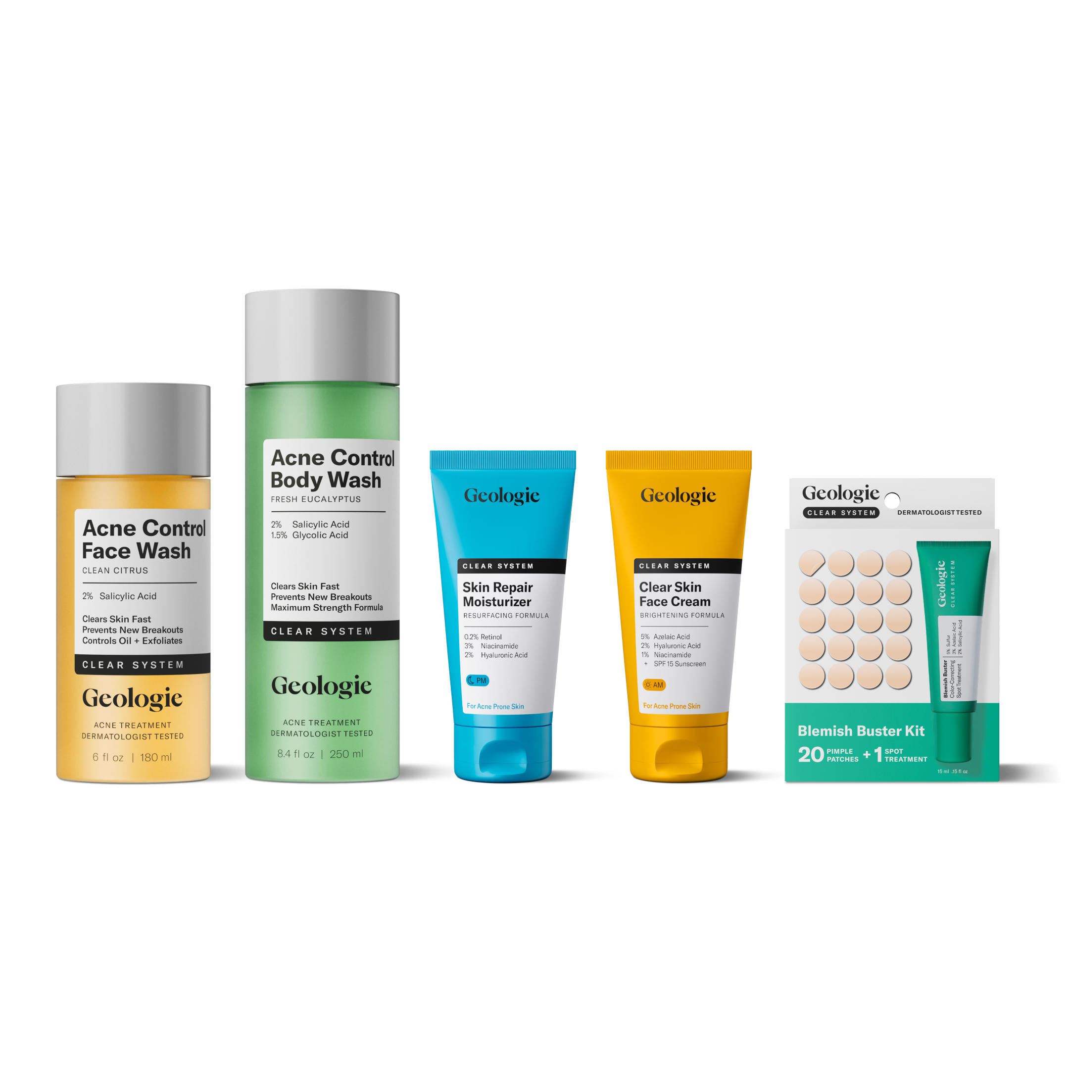 Geologie's Clear System Set, featuring face wash, body wash, moisturizer, and cream, offers a blemish-free skincare experience. The Blemish Buster Kit with patches and spot treatment uses salicylic acid for effective acne-clearing results.