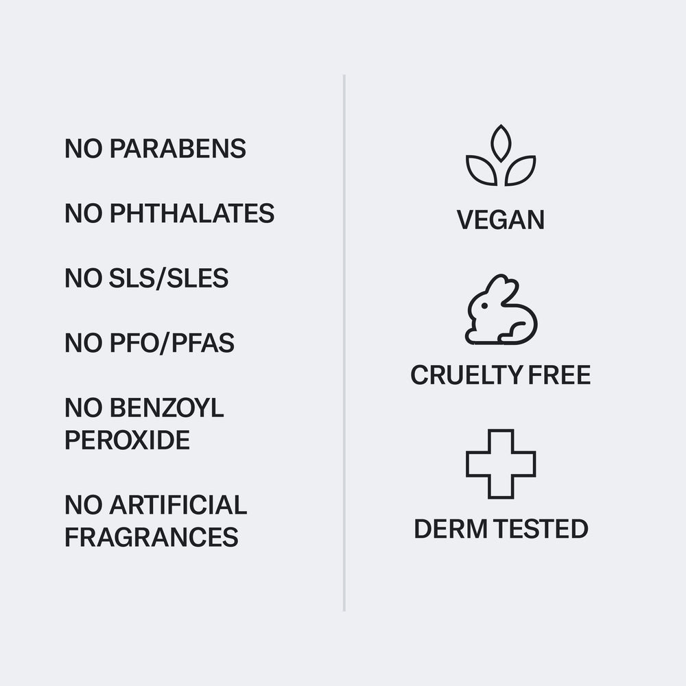Image with text listing features of Geologie Co-Wash Cleansing Conditioner: no parabens, no phthalates, no SLS/SLES, no PFO/PFAS, no benzoyl peroxide, and no artificial fragrances. Labels: vegan, cruelty-free, derm tested. Promotes a healthier scalp while it cleans and conditions hair.