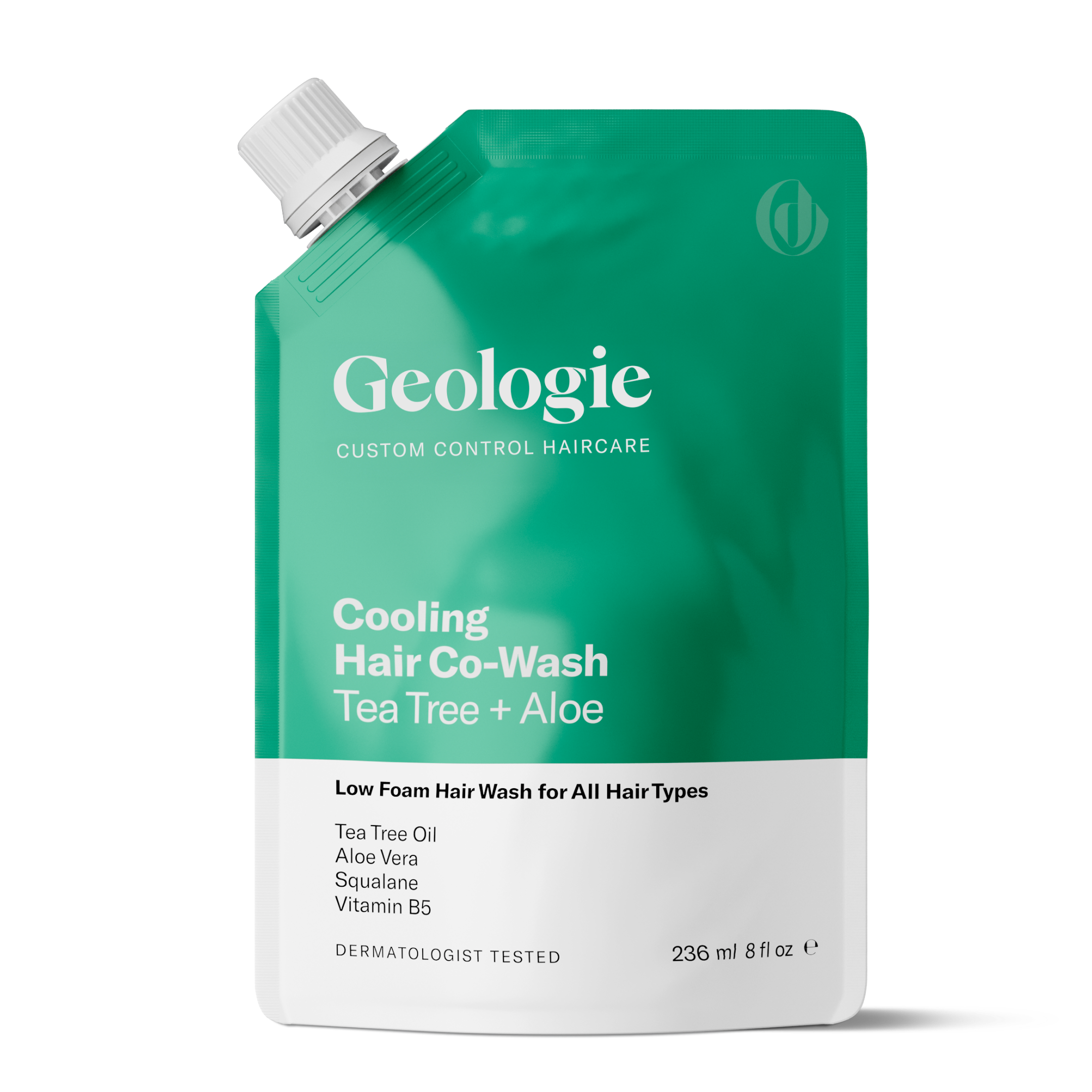 A standing green pouch of Geologie Co-Wash Cleansing Conditioner with Tea Tree + Aloe, 236 ml, lists ingredients: Tea Tree Oil, Aloe Vera, Squalane, Vitamin B5. This co-wash is labeled for all hair types and acts to clean and condition hair while promoting a healthier scalp.