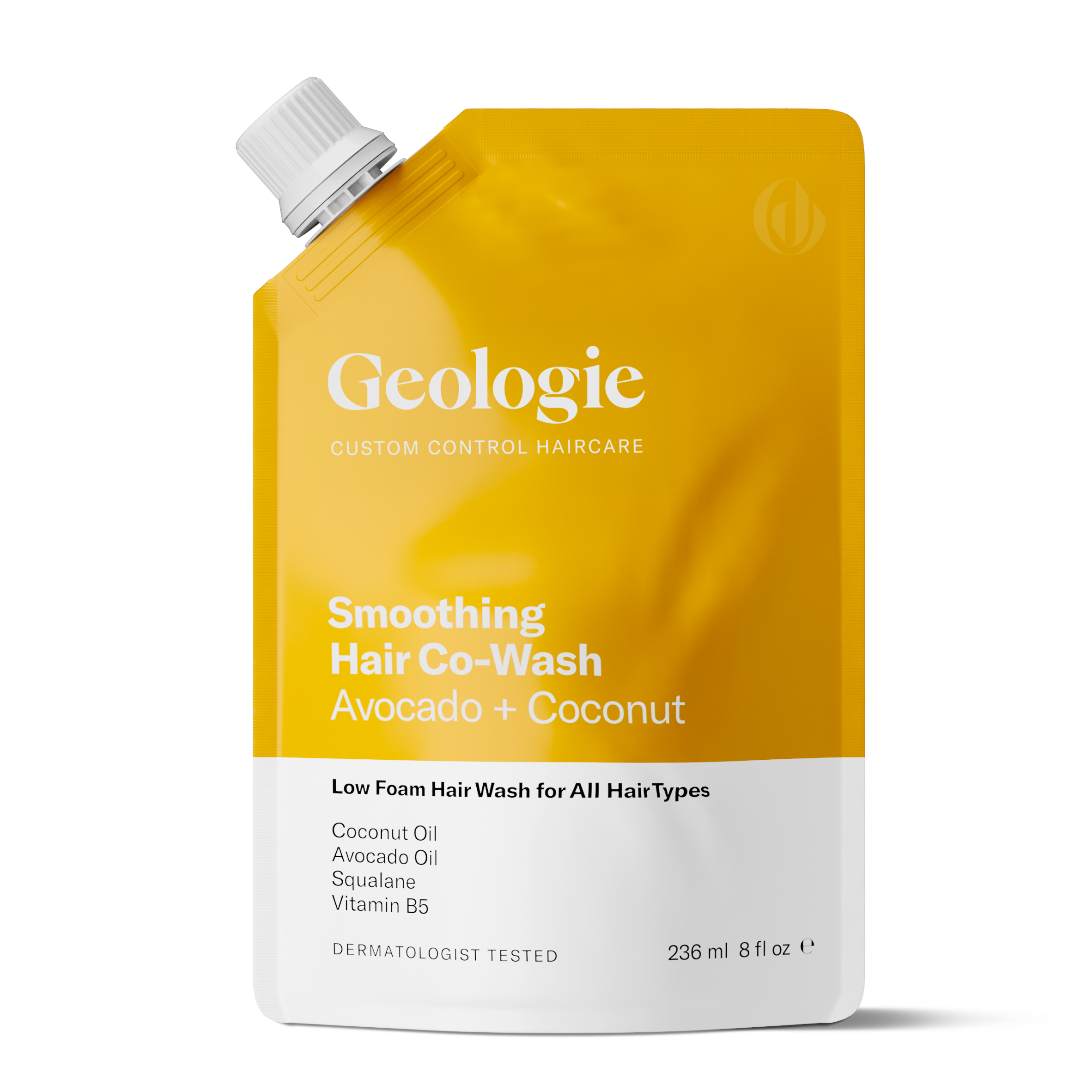 A yellow and white pouch of Geologie Co-Wash Cleansing Conditioner, containing avocado and coconut. The front labels include ingredients, indicate it is low foam and suitable for all hair types, and highlight that it cleans and conditions hair for a healthier scalp.