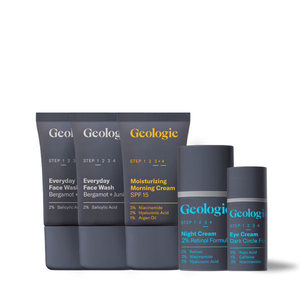 A Geologie Skincare Gift Set includes face wash, moisturizing cream, and eye cream specifically formulated for sensitive skin with various active ingredients highlighted.
