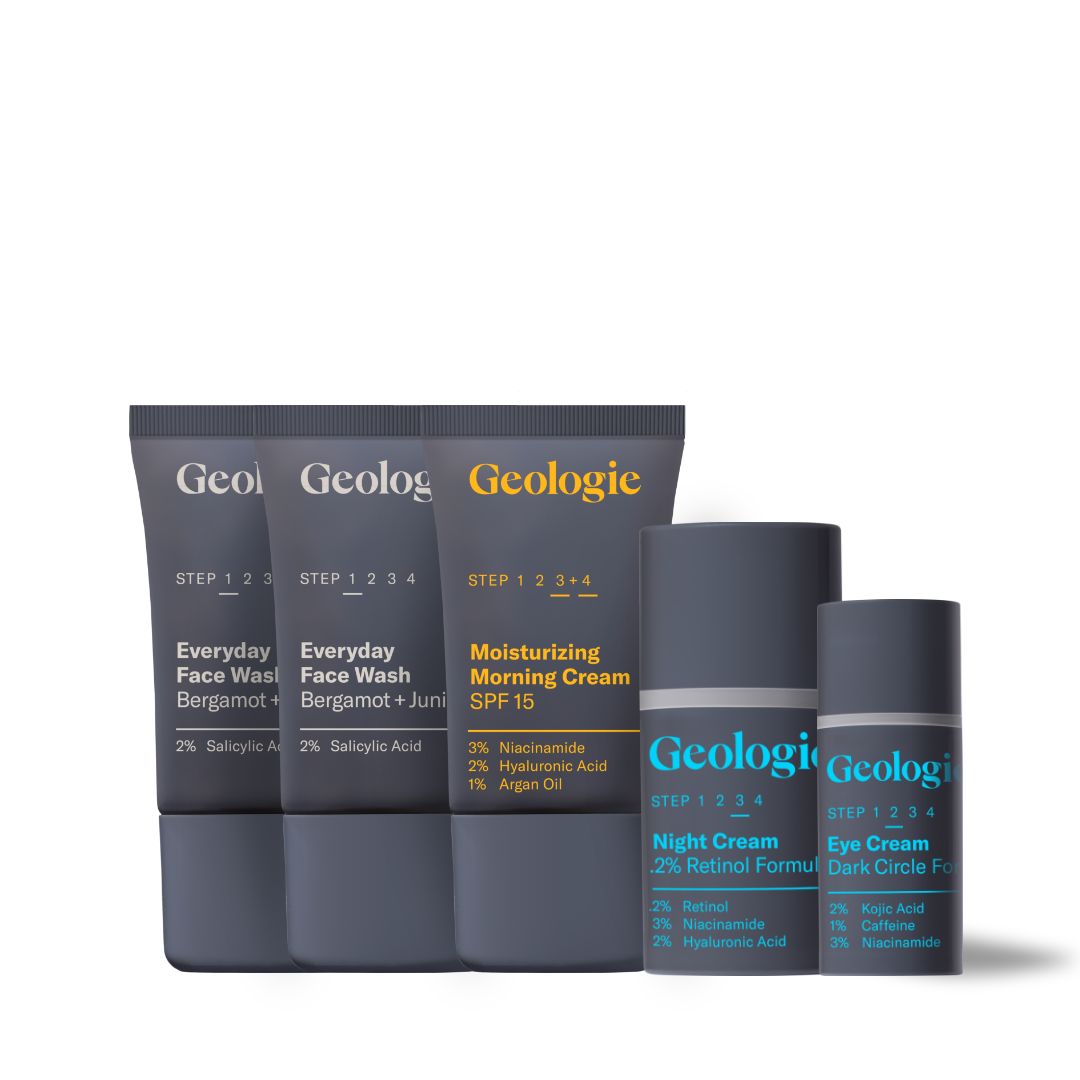 A collection of Geologie Men's Skincare Gift Sets labeled for different steps in a skincare routine, including face wash, moisturizing cream, night cream, and eye cream. This complete skincare bundle is designed with dermatologist-approved ingredients.