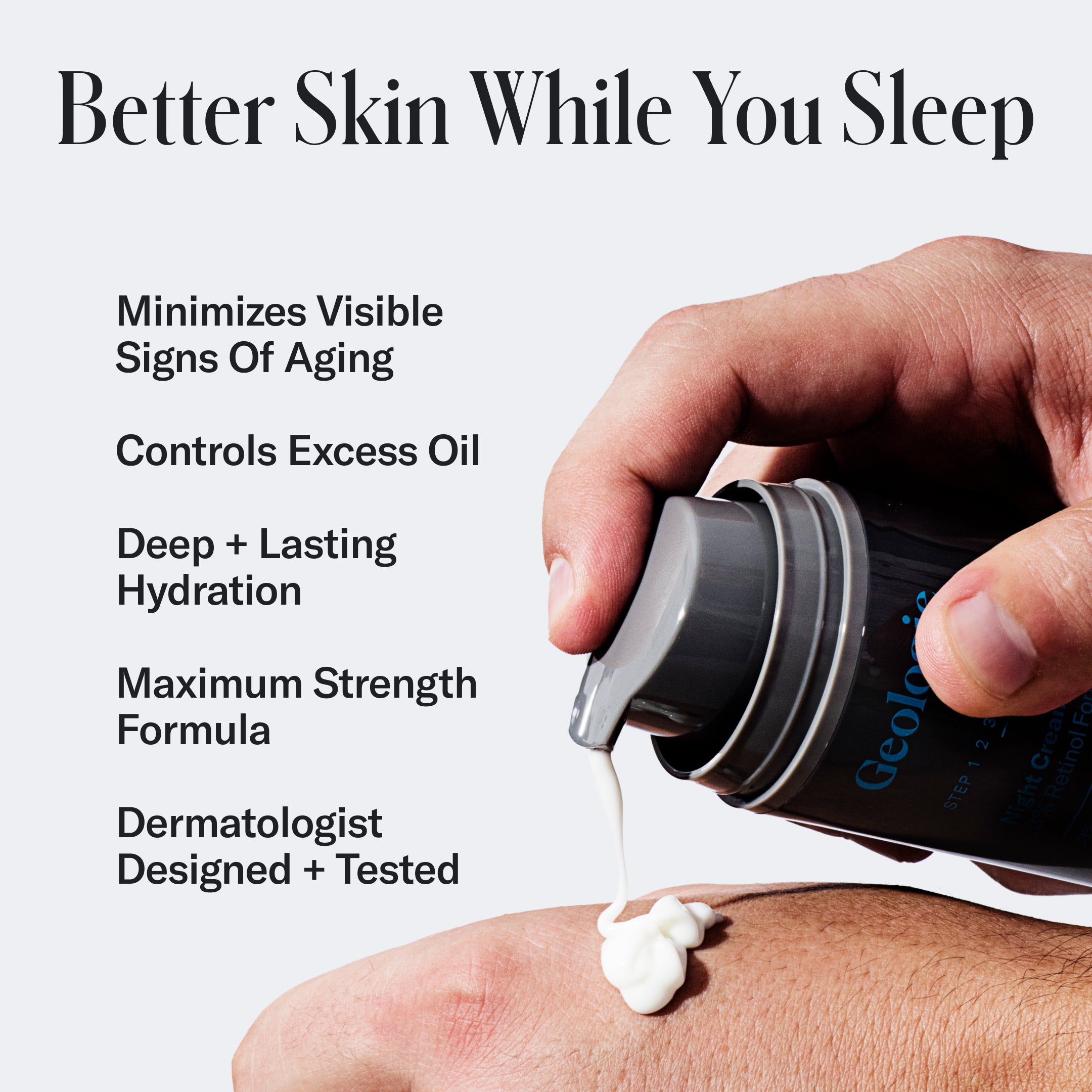 Close-up of a hand squeezing Geologie Skincare Sample Set from a tube onto another hand, with text promoting skincare benefits such as minimizing signs of aging and excess oil, featuring retinol night cream.