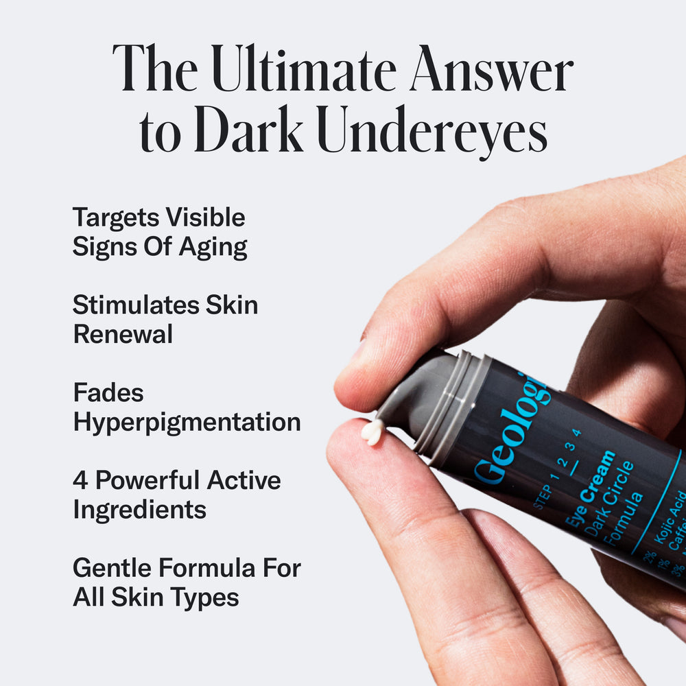 A hand holds a tube of Geologie Complete Skincare Set, an award-winning skincare product with clinically-proven ingredients. The text to the side lists benefits including targeting visible signs of aging, stimulating skin renewal, fading hyperpigmentation, and being suitable for all skin types.