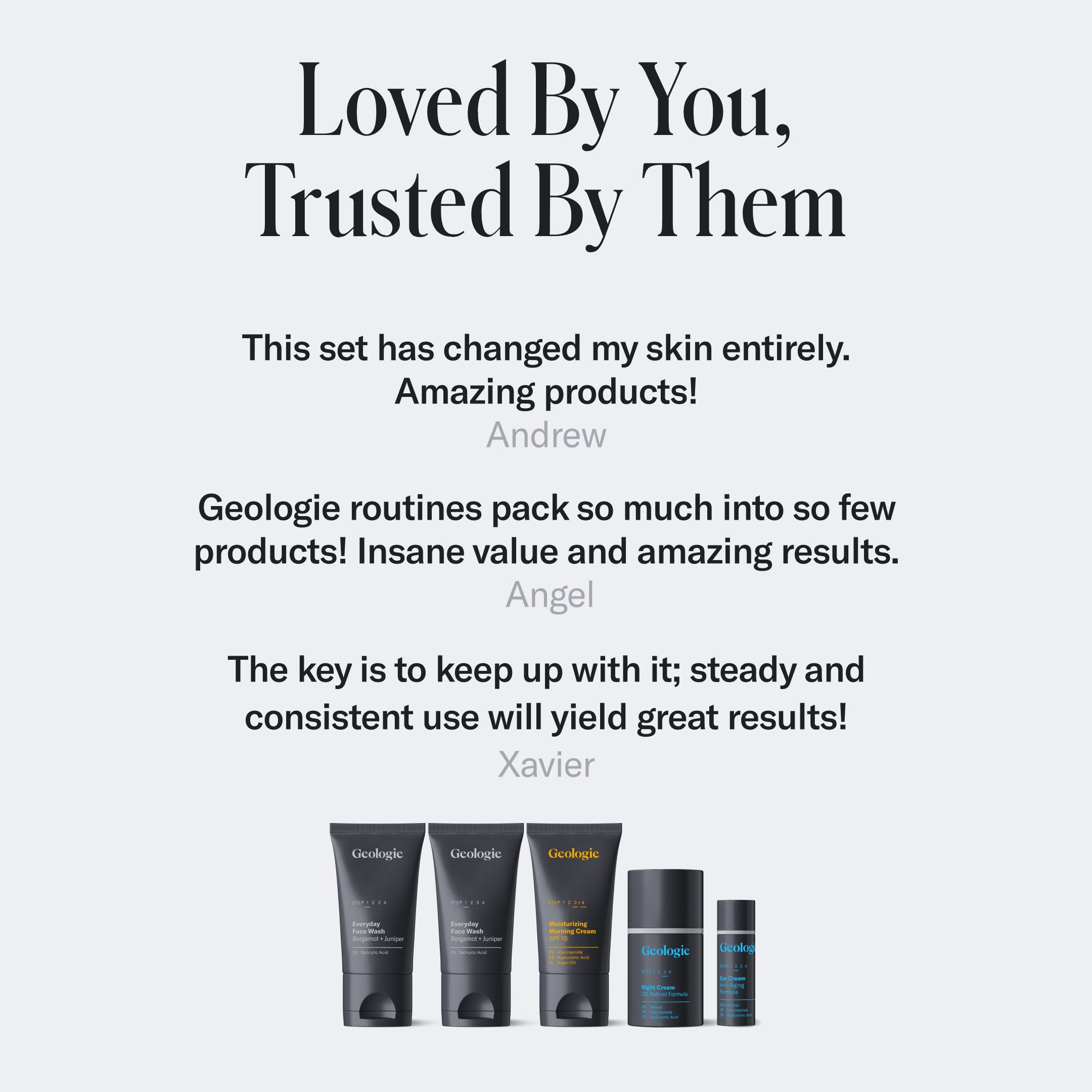 Advertisement for the Geologie Skincare Sample Set including testimonials and images of four skincare products, featuring a salicylic acid face wash.