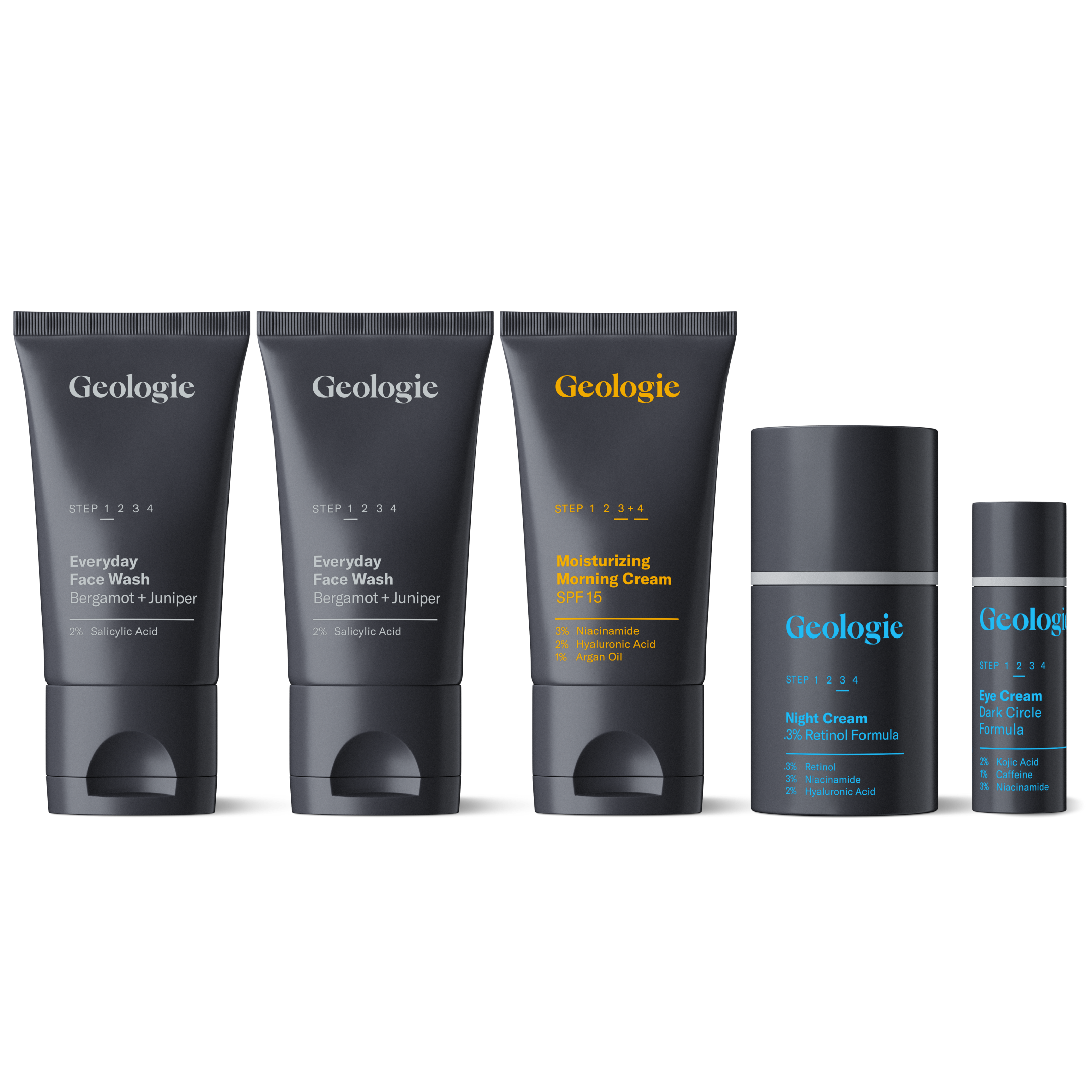 A lineup of Geologie Complete Skincare Set including face wash, moisturizing morning cream, night cream, and eye cream, each formulated with clinically-proven ingredients and presented in sleek black and gray packaging.