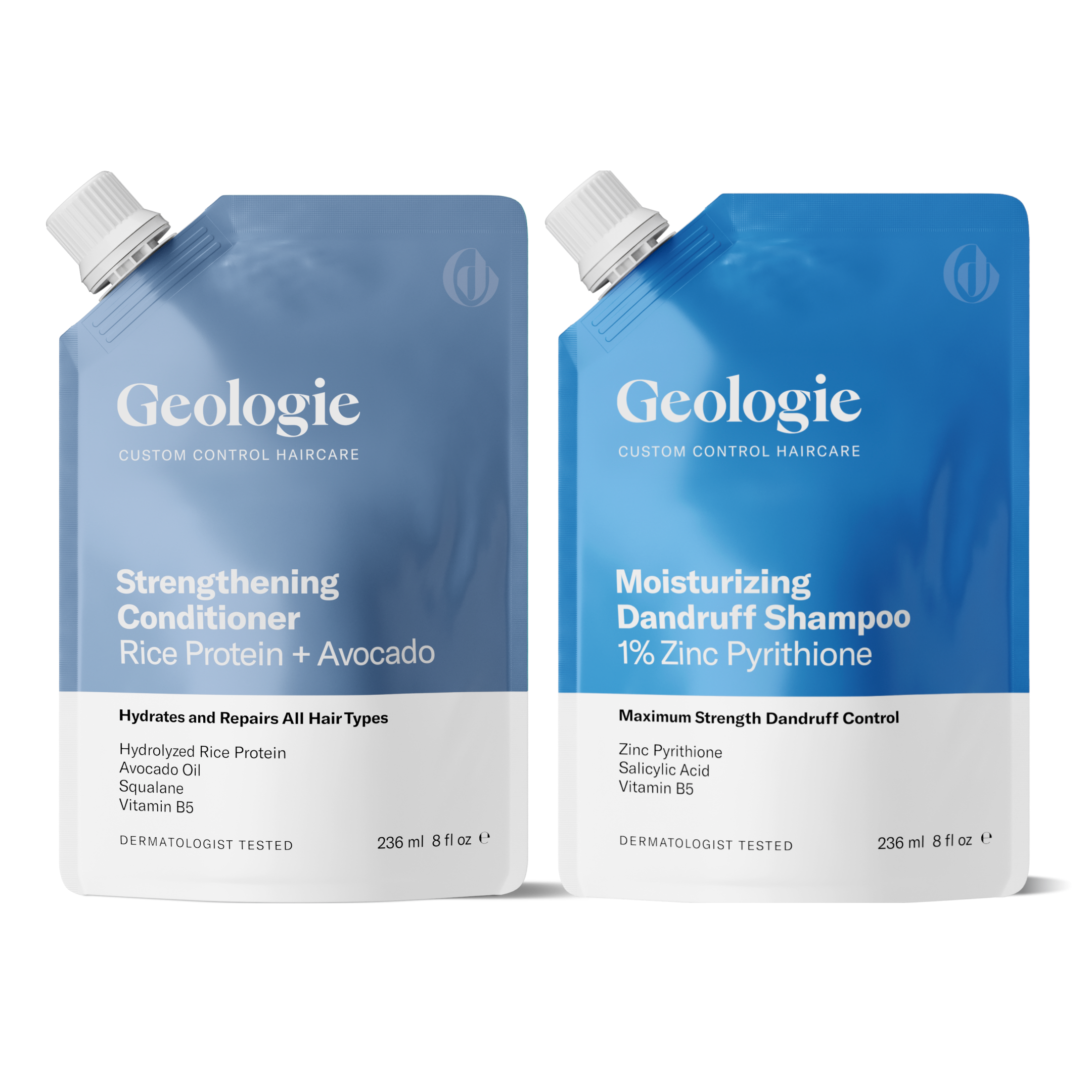 The Geologie Dandruff Shampoo + Conditioner Bundle includes two 236 ml pouches: a Strengthening Conditioner with rice protein and avocado to nourish hair, and a Moisturizing Dandruff Shampoo with 1% zinc pyrithione to combat dandruff.