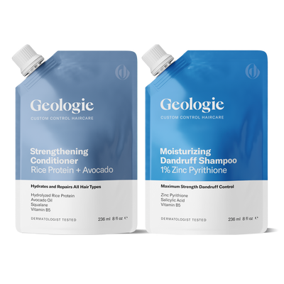 The Geologie Dandruff Shampoo + Conditioner Bundle includes two 236 ml pouches: a Strengthening Conditioner with rice protein and avocado to nourish hair, and a Moisturizing Dandruff Shampoo with 1% zinc pyrithione to combat dandruff.