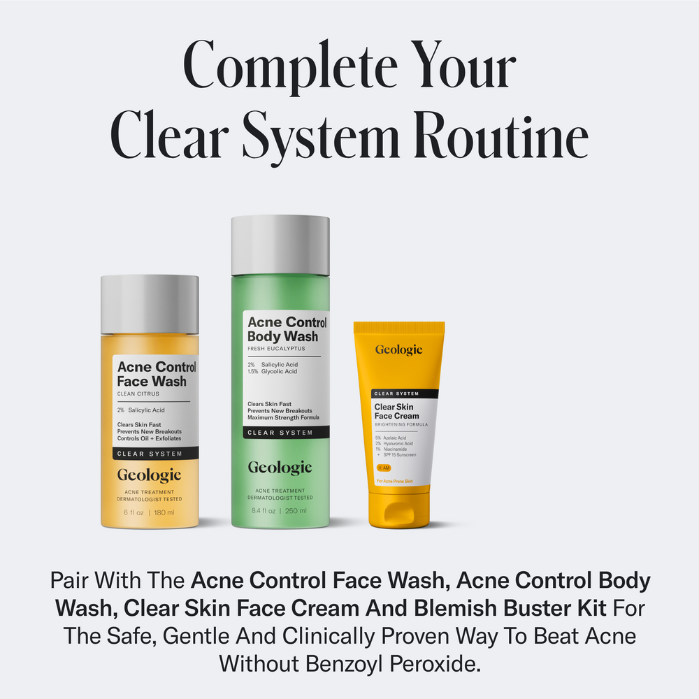 Three skincare products: Acne Control Face Wash, Acne Control Body Wash in tubes, and Skin Repair Moisturizer in a small tube, all from Geologie’s Clear System Routine.