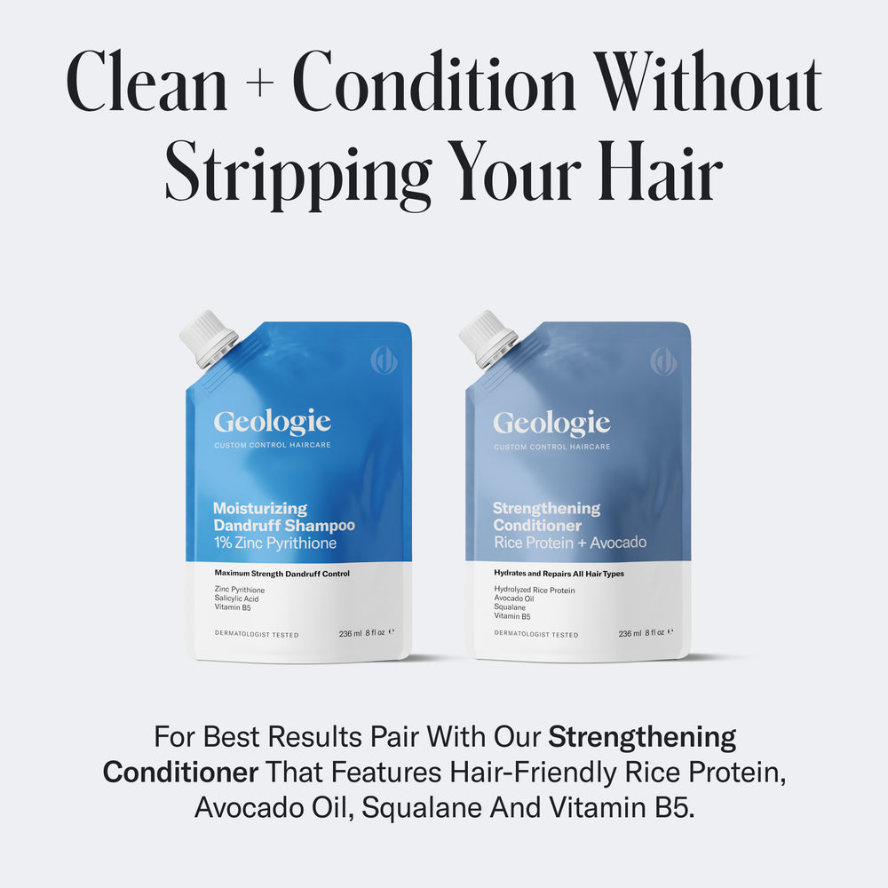 Two Geologie products are displayed: a 235 mL pouch of Geologie Moisturizing Dandruff Shampoo and a 235 mL pouch of strengthening conditioner. Text above promotes the products' ability to clean, soothe dry scalps, and condition hair for flake-free locks.