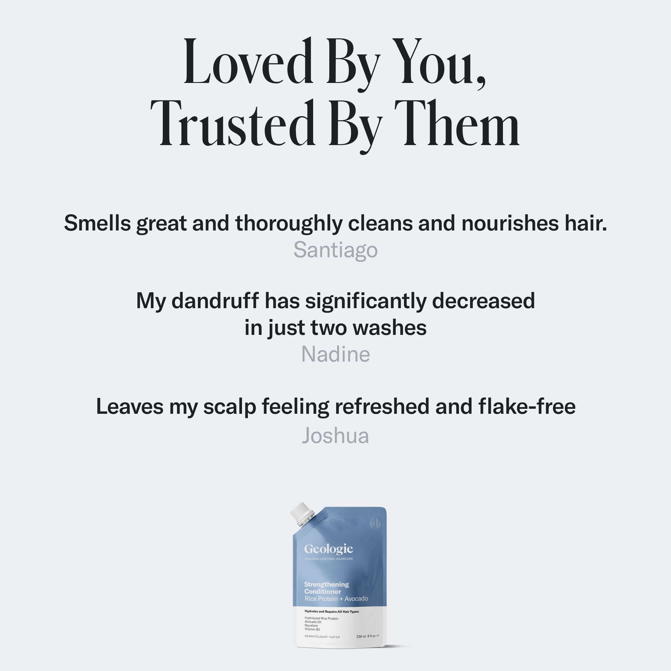 A Geologie Moisturizing Dandruff Shampoo pouch is shown with customer testimonials praising its scent, dandruff reduction benefits, and scalp refreshing properties for dry scalps. Text reads: 