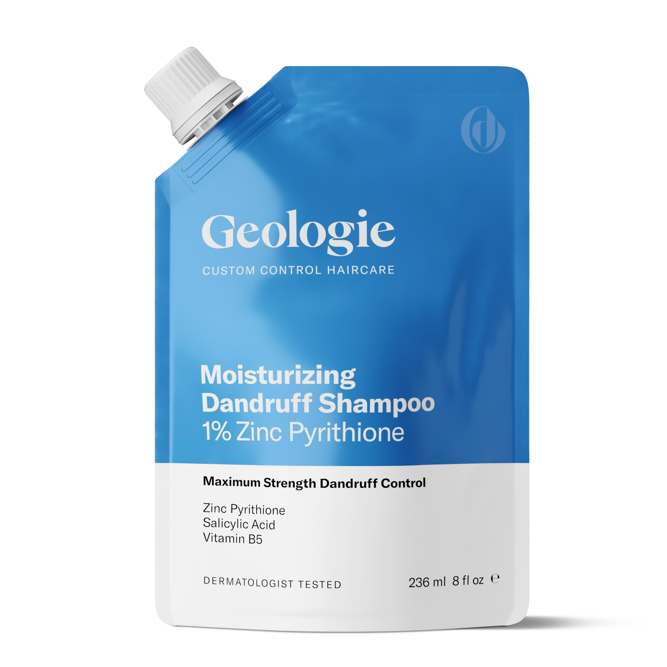 A blue pouch of Geologie Moisturizing Dandruff Shampoo with 1% Zinc Pyrithione, salicylic acid, and vitamin B5. The Geologie Moisturizing Dandruff Shampoo is dermatologist tested and contains 236 ml (8 fl oz) of product, promising soothing dry scalps and flake-free locks.