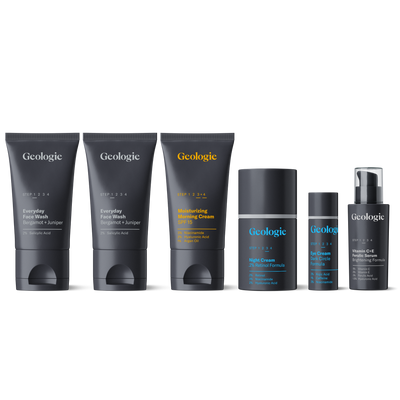 Six Geologie skincare products arranged in a row, including the Deluxe Skincare Set from Geologie.