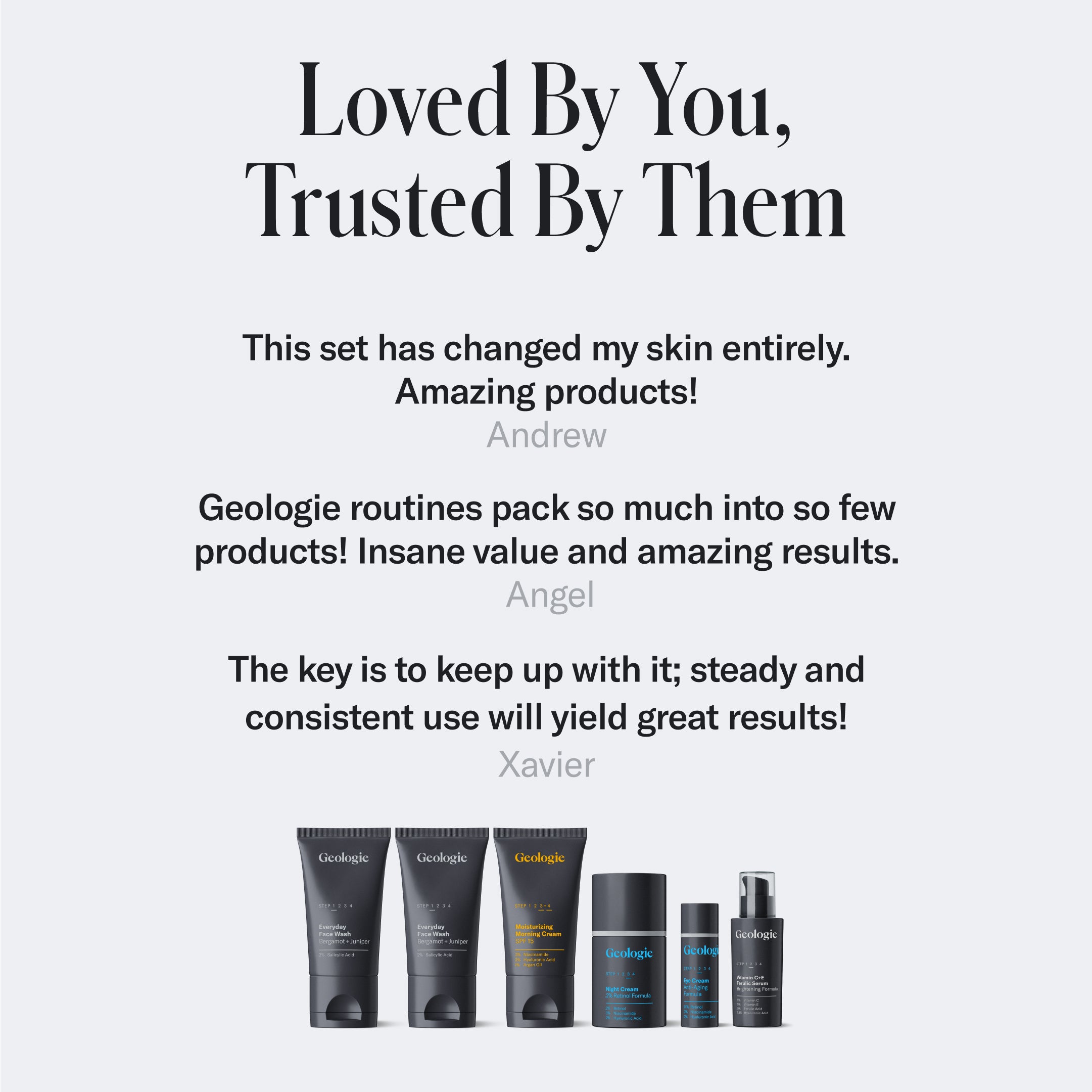 Image of a row of Geologie Deluxe Skincare Sets with a text testimonial above praising the effectiveness of the products in reducing wrinkles.