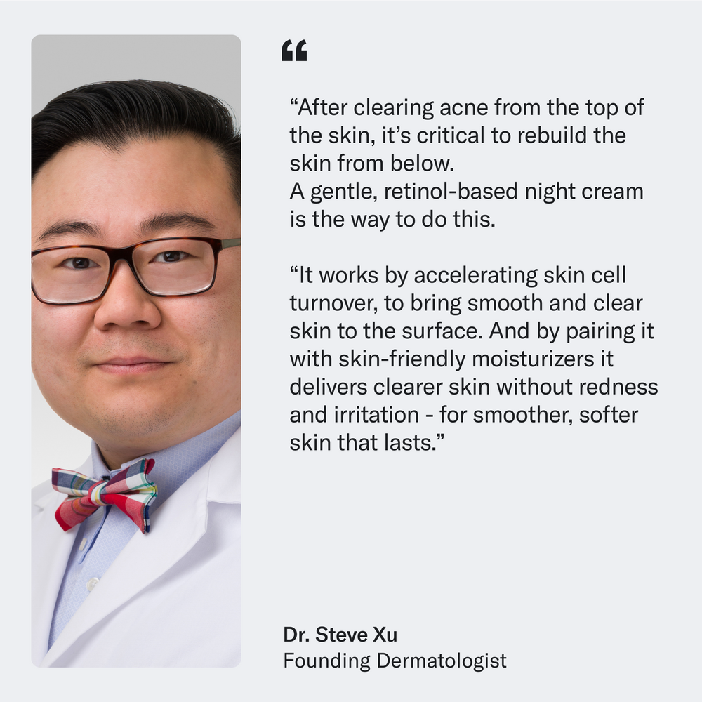 A dermatologist in a white coat and bow tie stands next to a text discussing the restoration of skin after acne using Geologie's Skin Repair Moisturizer, which is enhanced with retinol.