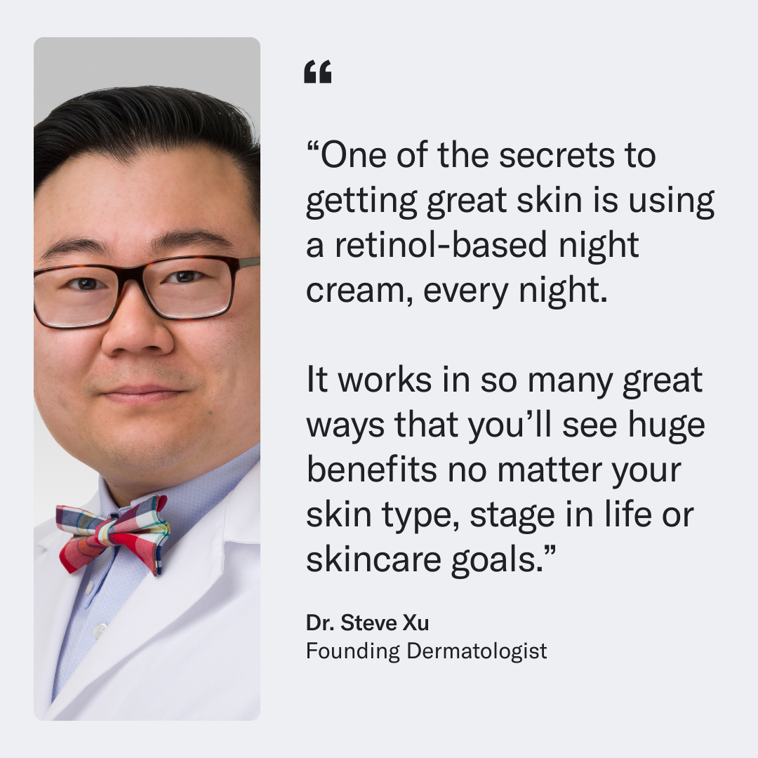 Portrait of a smiling Asian man wearing glasses and a bow tie, with an overlaid quote about retinol benefits from Dr. Steve Xu, a dermatologist recommending Geologie's Retinol Night Cream.
