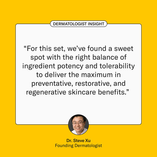 Dermatologist's testimonial for Geologie's Men's Skincare Gift Set emphasizing balance of potency and tolerance for maximum benefits, carefully formulated with dermatologist-approved ingredients suitable for sensitive skin.