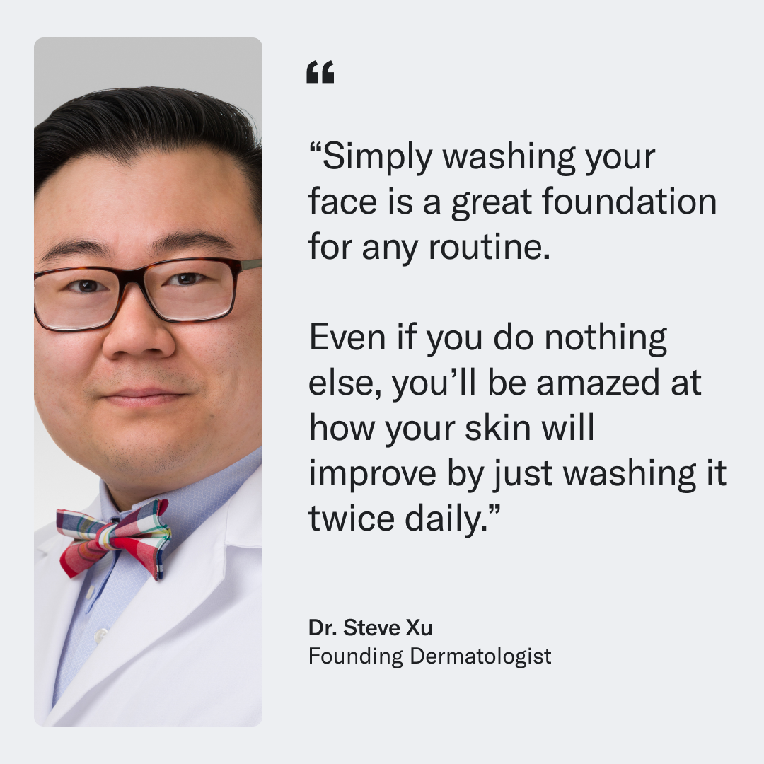 Portrait of a smiling Asian man in glasses and a bow tie, alongside a quote about the benefits of using Geologie's Salicylic Acid Face Wash for acne prevention, attributed to Dr. Steve Xu.