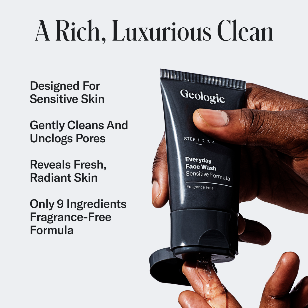 A hand holding a tube of Geologie Sensitive Face Wash with text describing it as designed for sensitive skin cleanser, fragrance-free, and revealing fresh, radiant skin.
