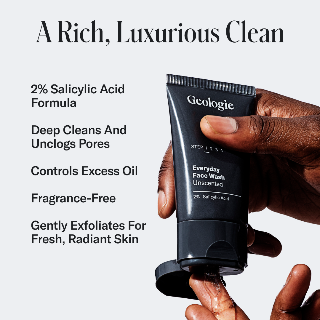 A hand holding a tube of Geologie Salicylic Acid Face Wash with text about its benefits, including 2% salicylic acid and oil buildup control.