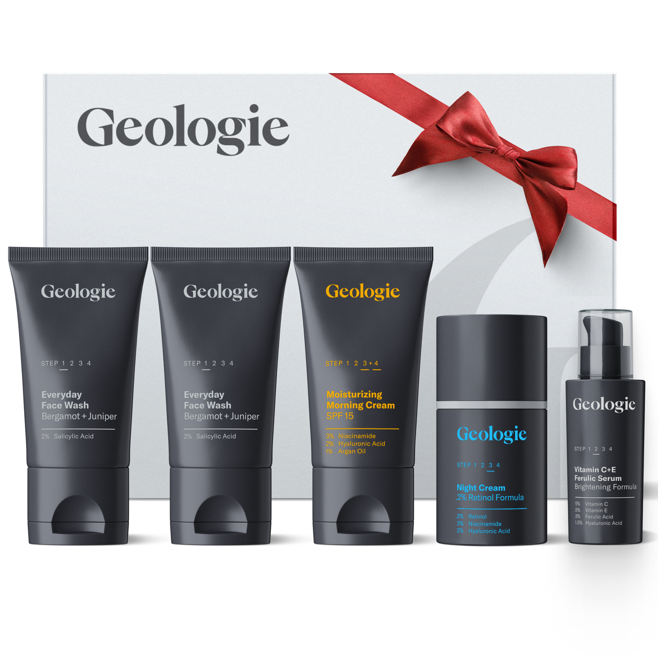 A Geologie Skincare Gift Set by Geologie, featuring face wash, moisturizing cream, night cream, and vitamin C+E serum in black and gray packaging, placed in front of a white box adorned with a red ribbon.