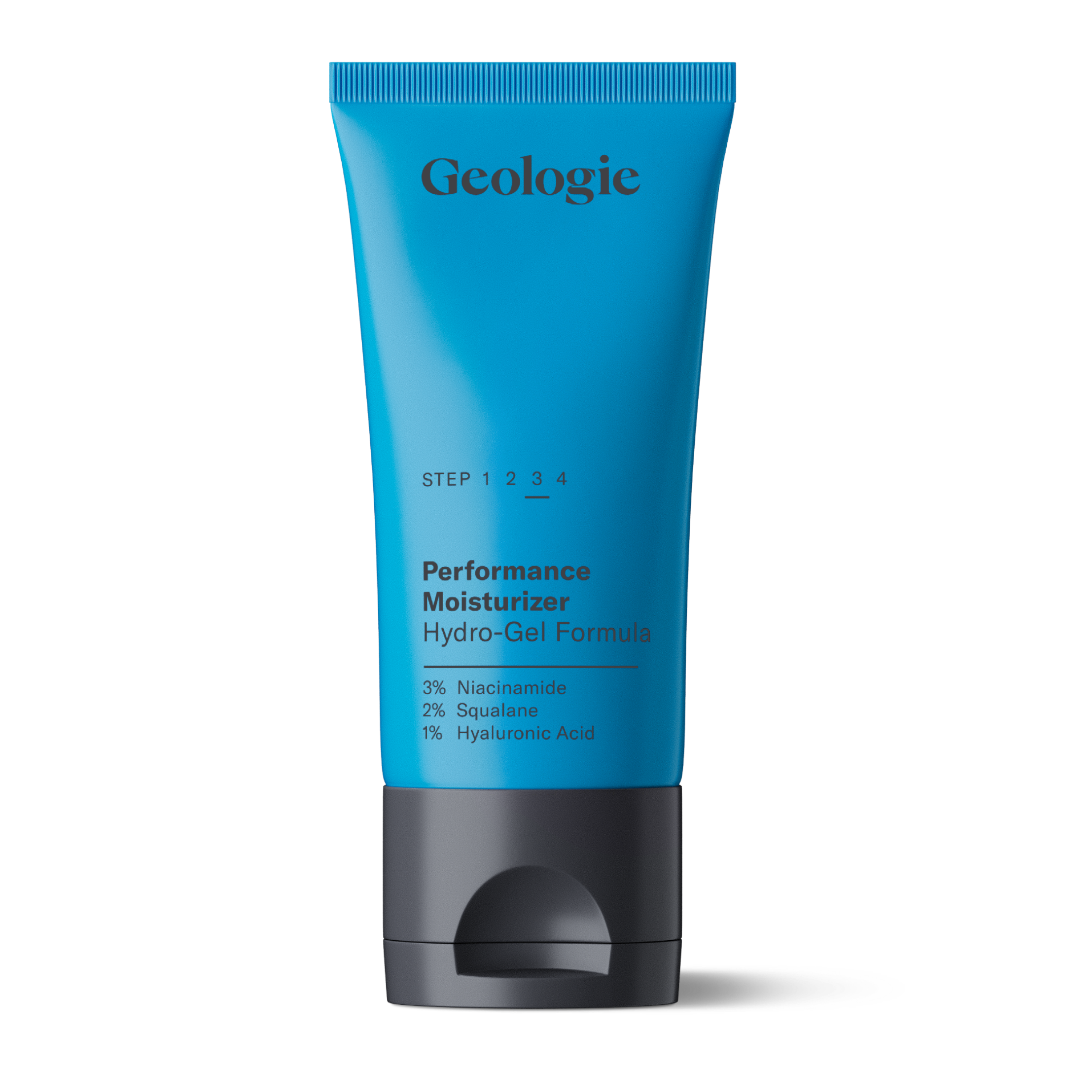 A blue tube of Geologie Hydro-Gel Moisturizer with a gray cap, labeled with ingredients such as Niacinamide, Squalane, and Hyaluronic Acid.