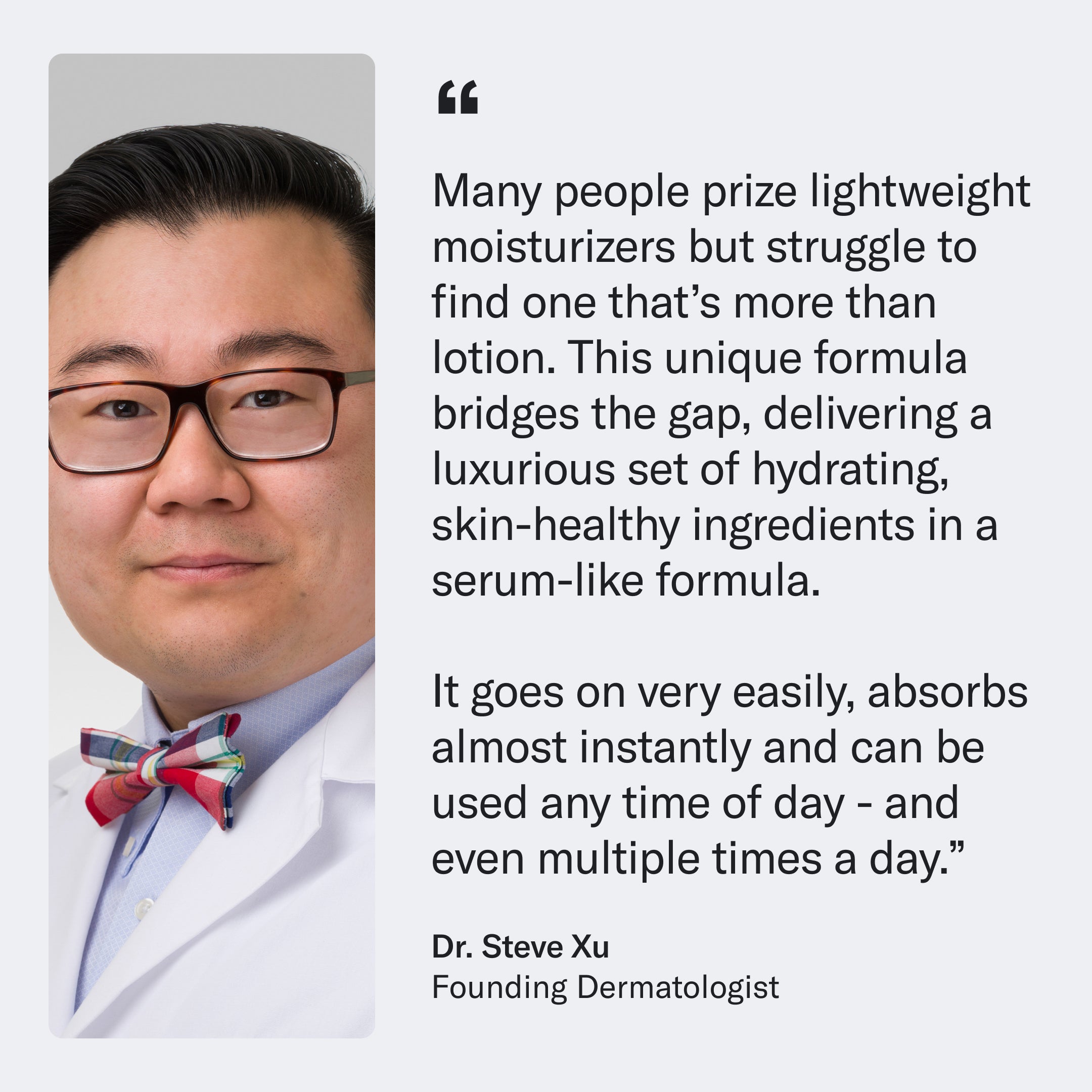 Portrait of a man in a white coat with text promoting the Hydro-Gel Moisturizer by Geologie, Dr. Steve Xu, Founding Dermatologist, highlighting its hydrating formula with hyaluronic acid, easy absorption, and all-day usability.