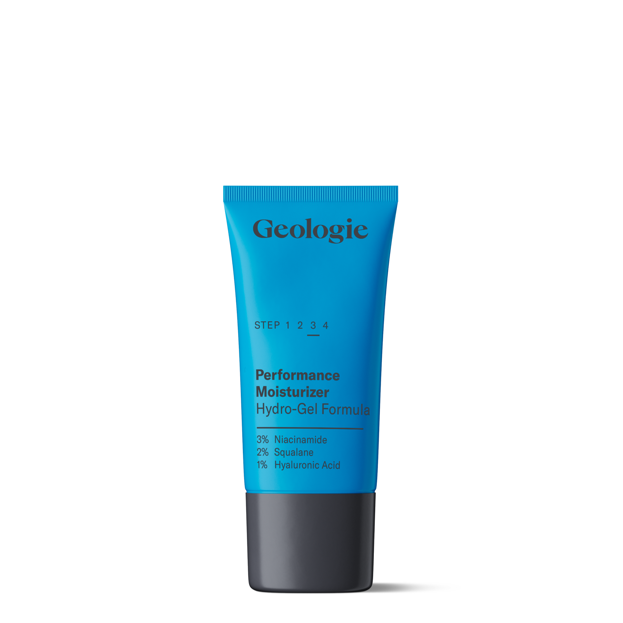 A blue tube of Geologie Hydro-Gel Moisturizer featuring a gel-based formula with Niacinamide, Squalane, and Hyaluronic Acid.