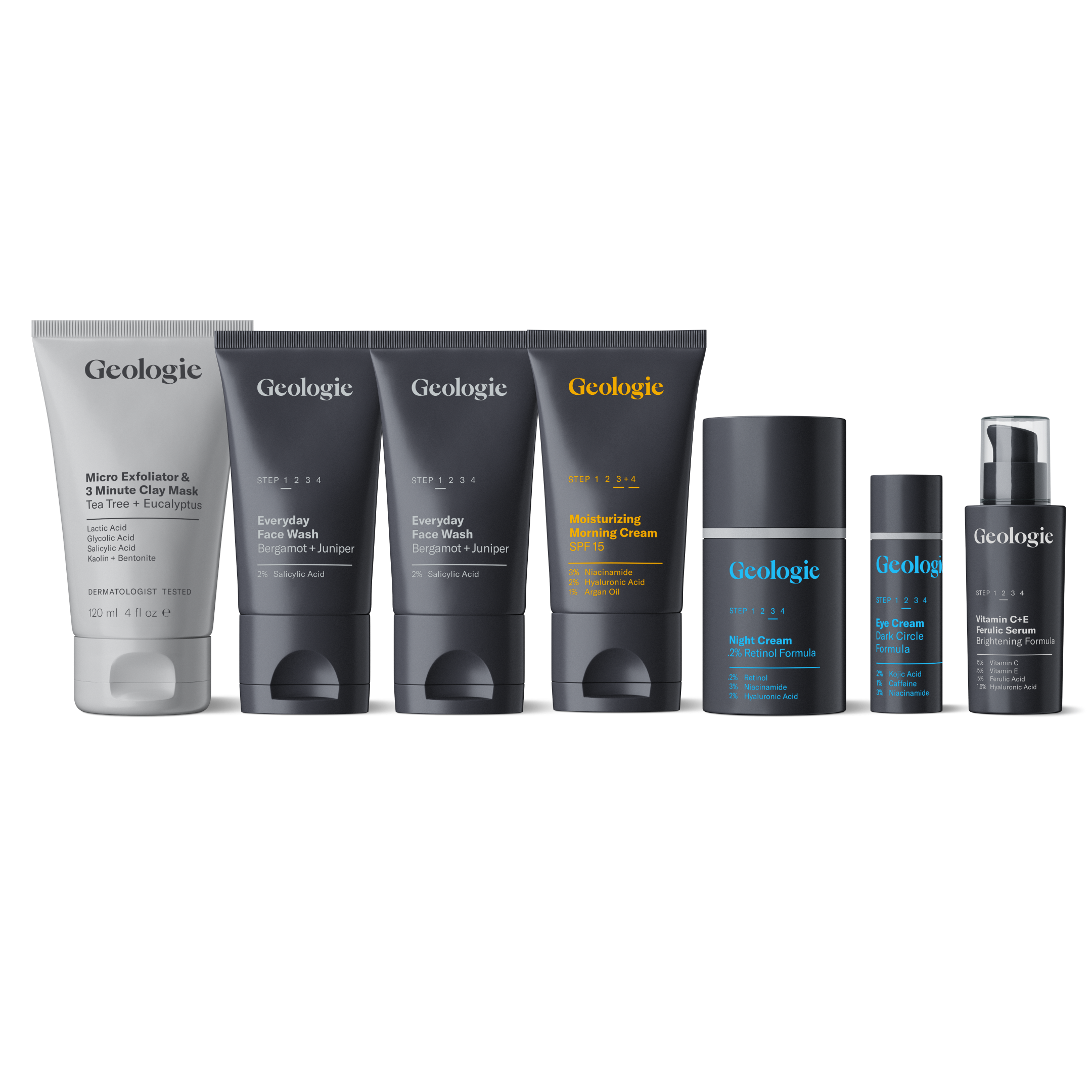 A set of six Geologie Luxury Skincare Sets arranged in a line, including face wash, moisturizers for wrinkles, and a clay mask.
