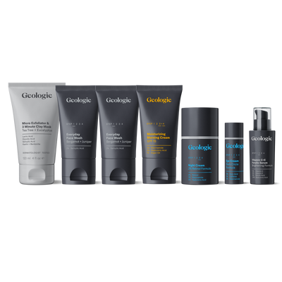 A set of six Geologie Luxury Skincare Sets arranged in a line, including face wash, moisturizers for wrinkles, and a clay mask.