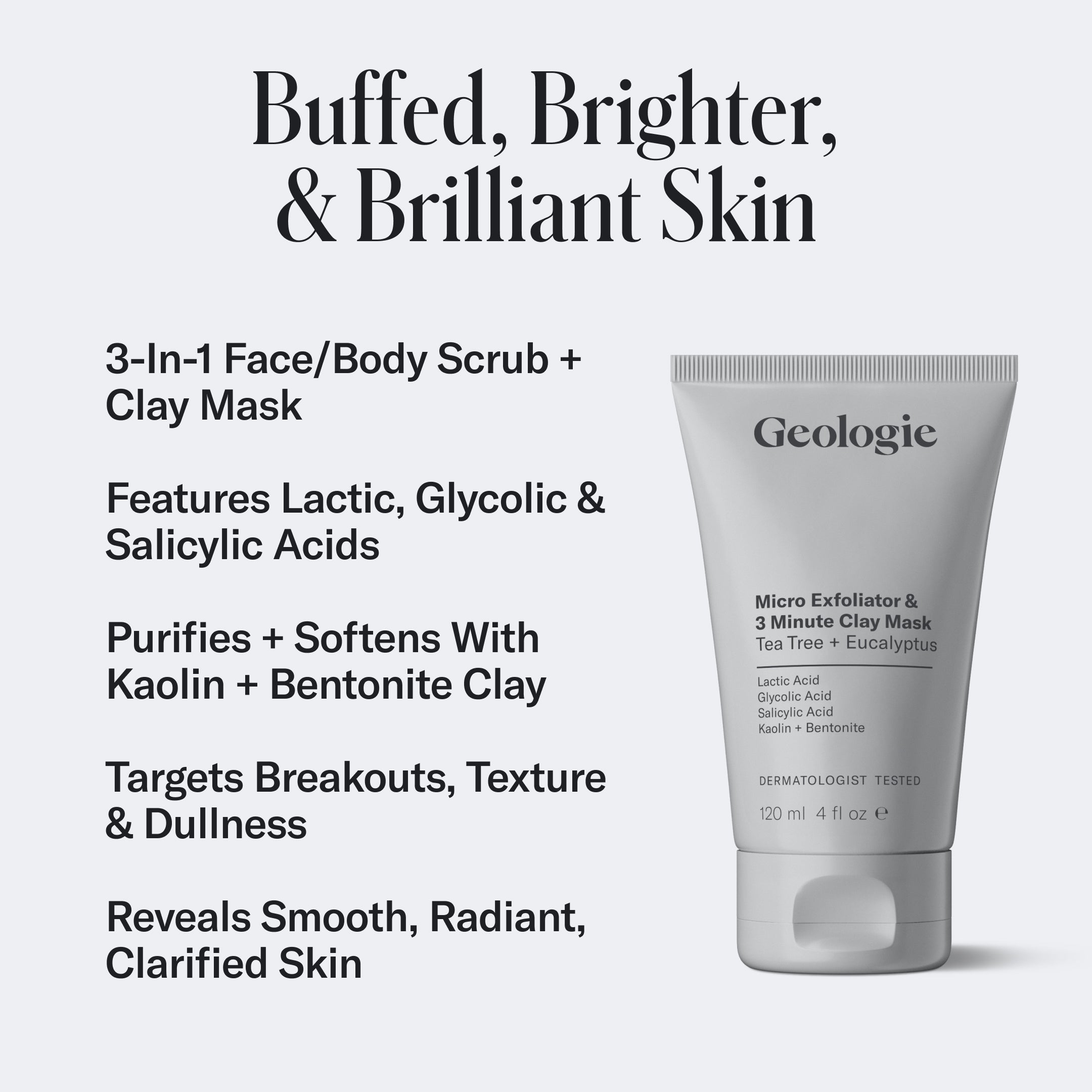 Luxury Skincare Set from Geologie with text promoting its skin benefits, including ingredients like lactic and glycolic acids, aimed at reducing breakouts, set against a gray background.