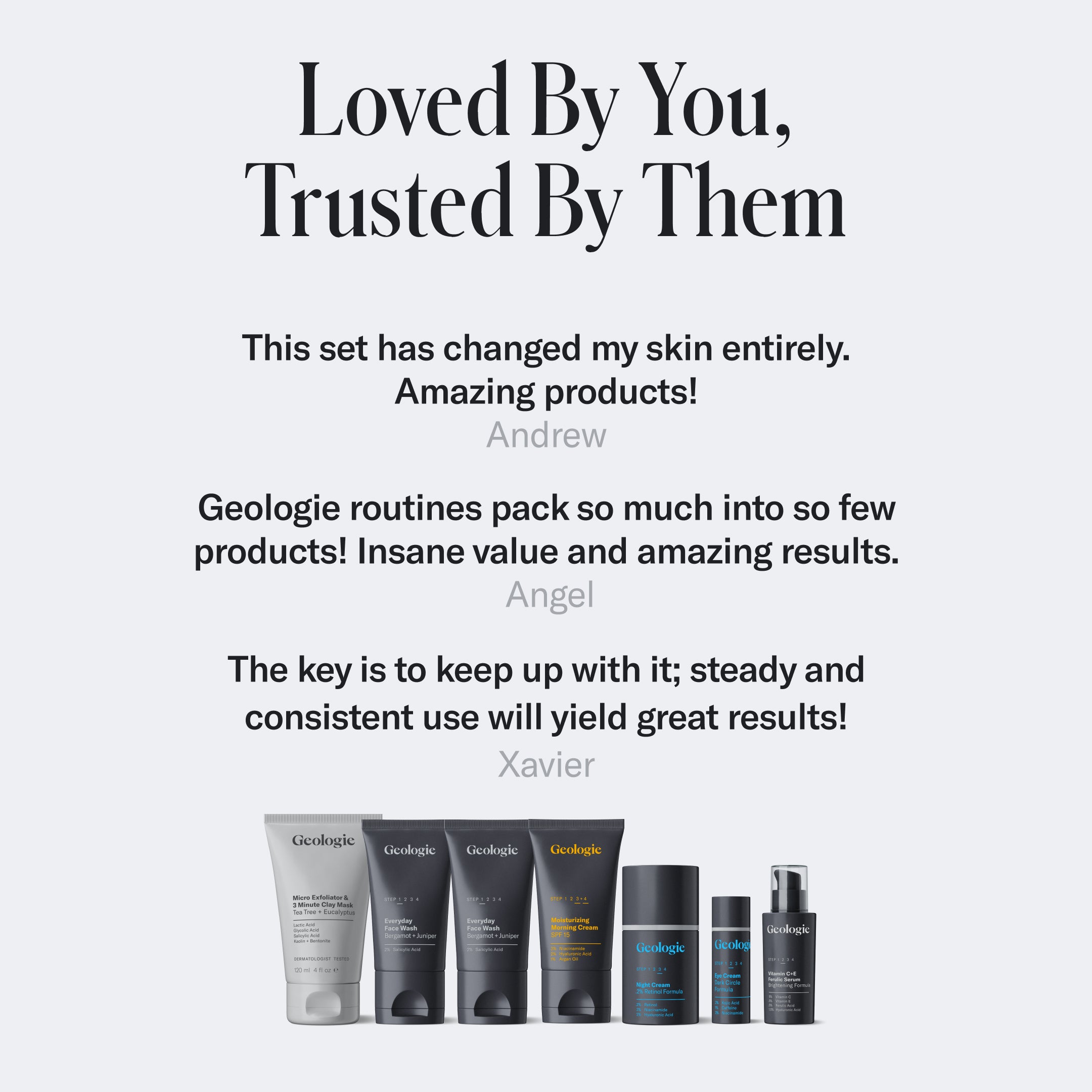 Advertisement featuring the Luxury Skincare Set from Geologie with customer testimonials praising its effectiveness in reducing breakouts.