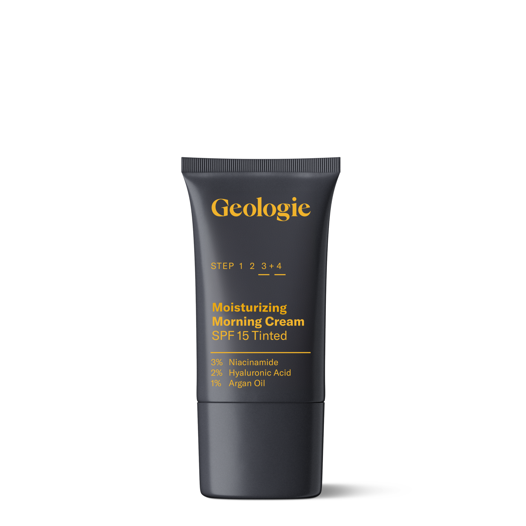 A tube of Geologie Moisturizing Face Cream with SPF15, featuring 2% Hyaluronic Acid, 1% Argan Oil, and 3% Niacinamide. The text on the tube is in yellow against a dark grey background.