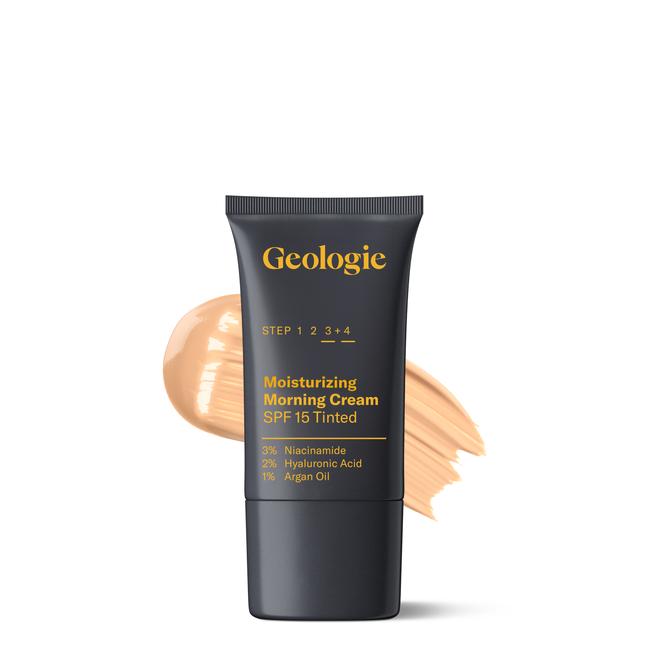 A black tube of Geologie Moisturizing Face Cream with SPF 15 is displayed against a light background with a smear of the cream behind it. Key ingredients, including hyaluronic acid, are listed on the tube.
