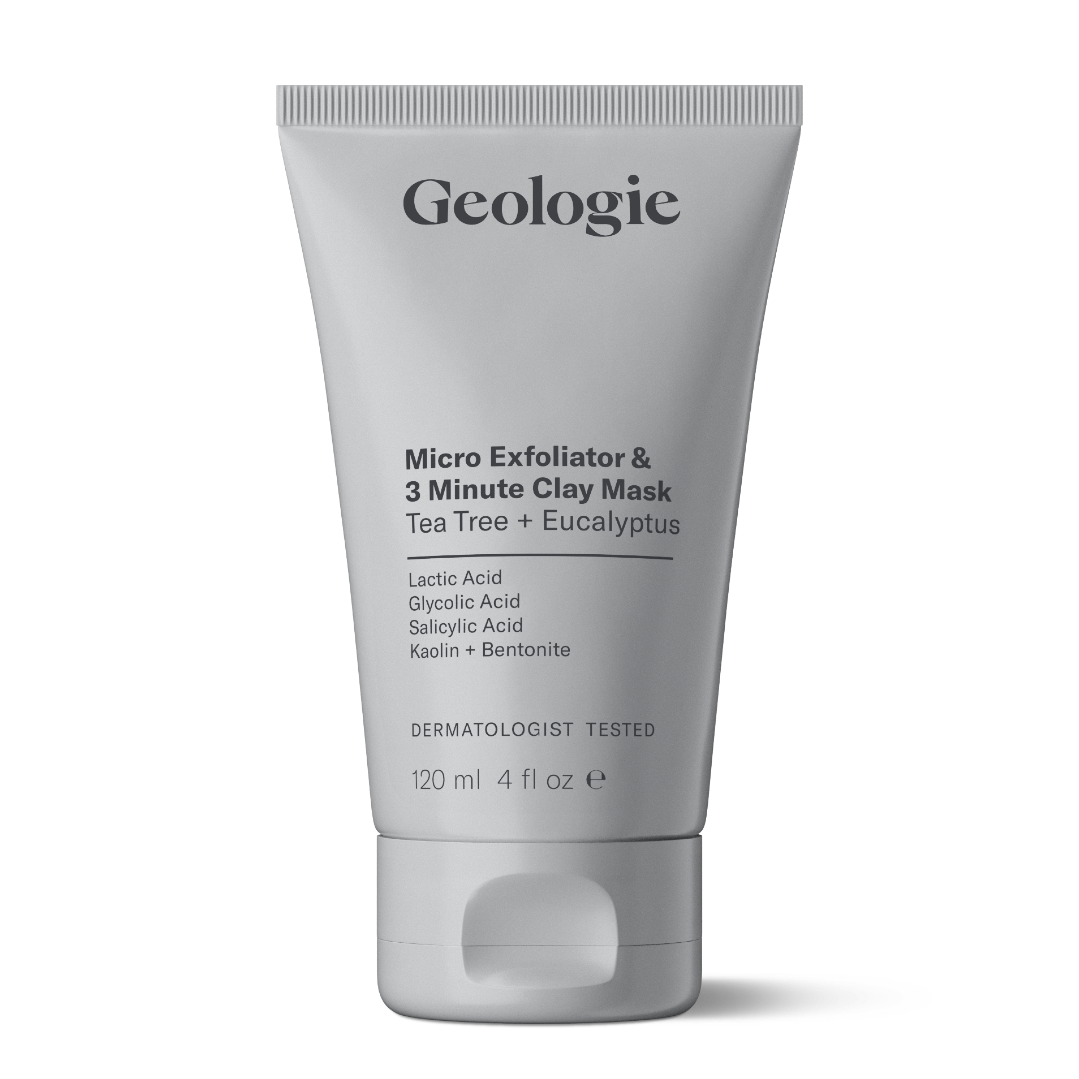 Full Size Add-on by Geologie, a 120 ml tube of Micro Exfoliator & 3 Minute Clay Mask, includes tea tree and eucalyptus along with lactic, glycolic, and salicylic acids, kaolin, and bentonite.