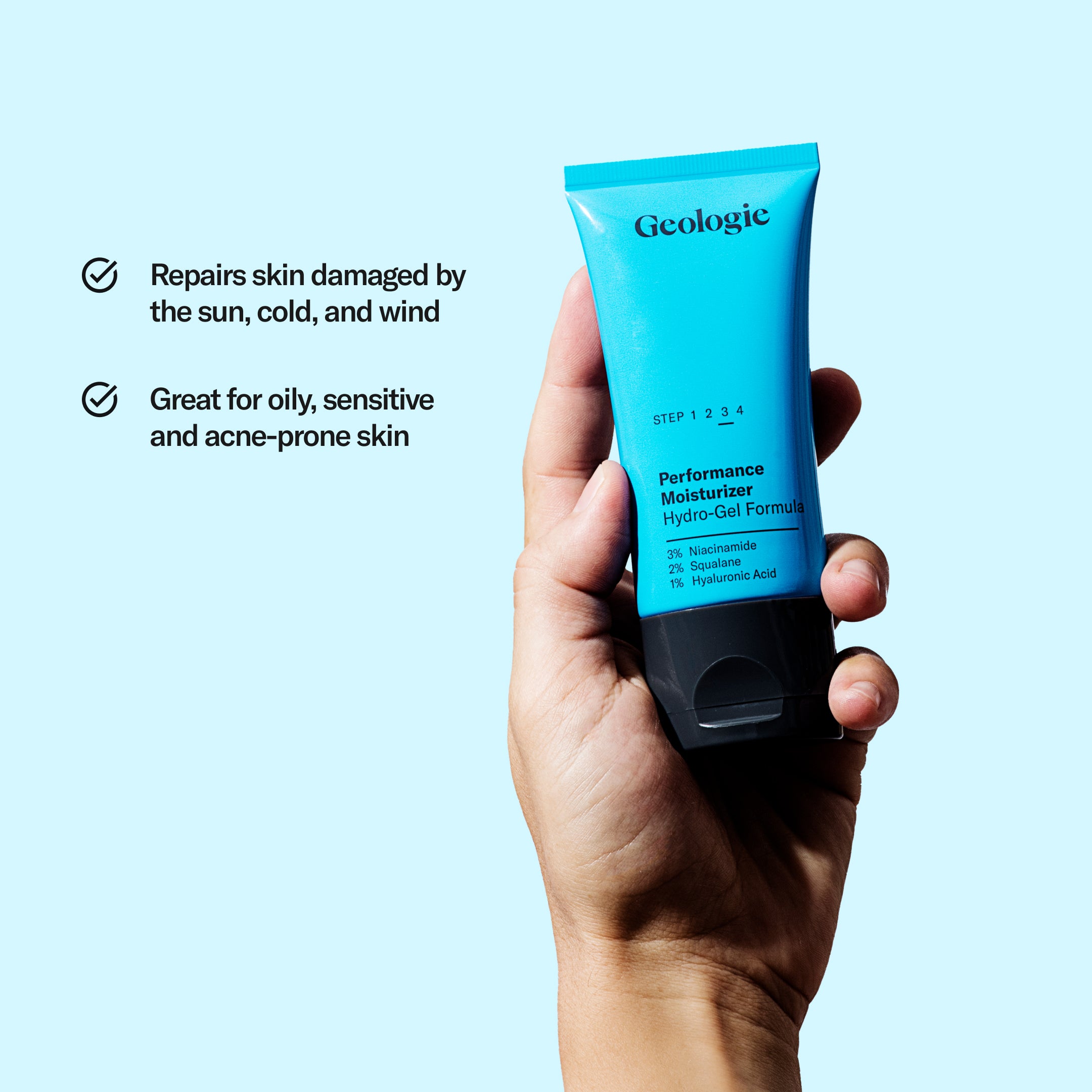 Hand holding a tube of Geologie Sun Protection Essentials facial moisturizer with sunscreen against a white background with text highlighting skin benefits.