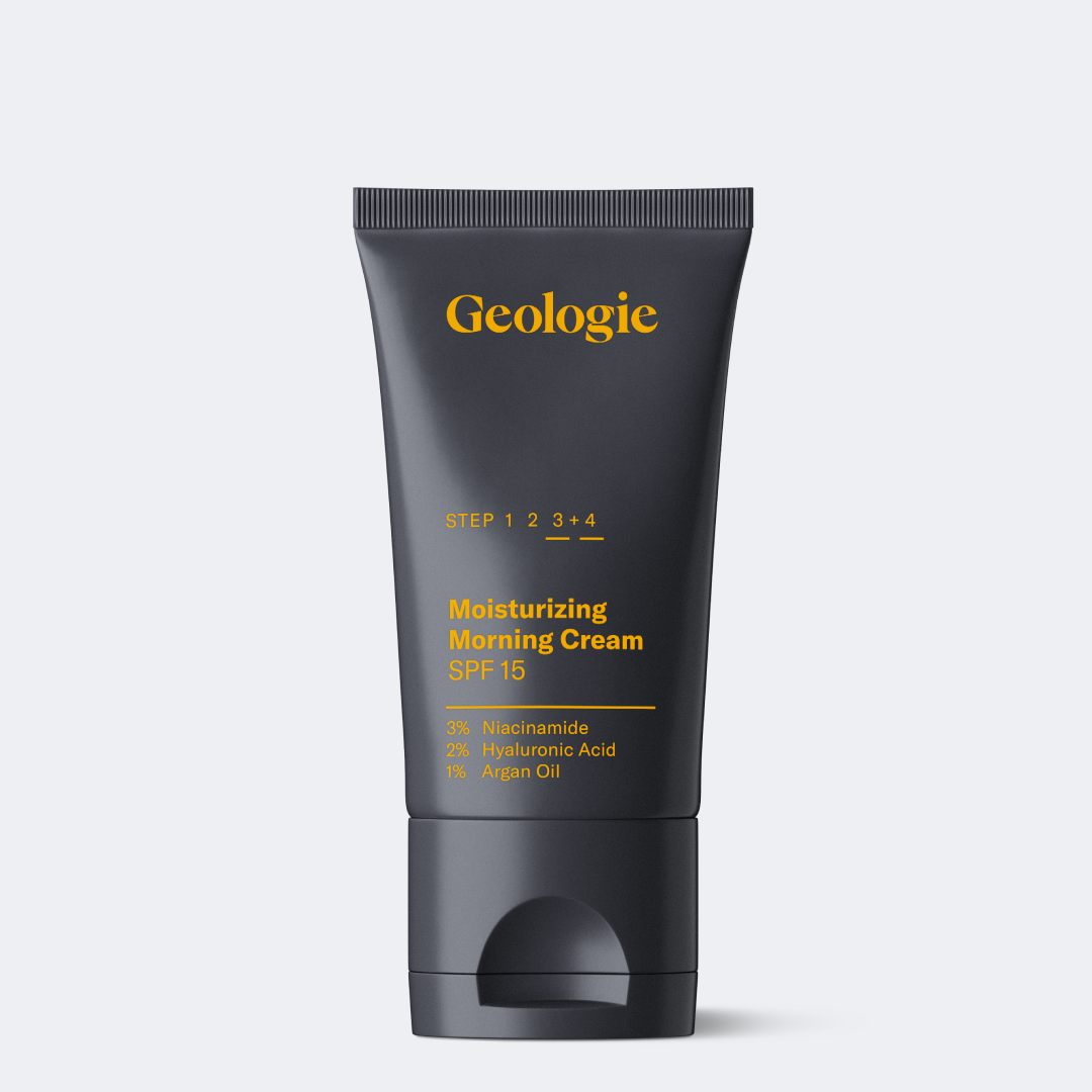 Black and yellow tube of Geologie Moisturizing Face Cream with SPF15, featuring ingredients like niacinamide, hyaluronic acid, and argan oil.