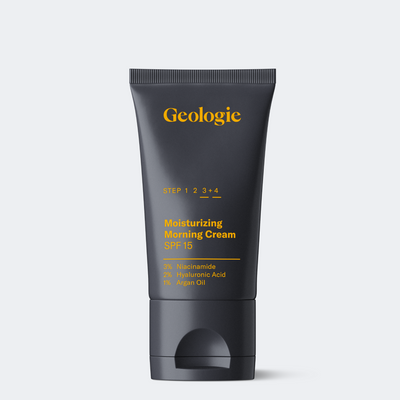 Black and yellow tube of Geologie Moisturizing Face Cream with SPF15, featuring ingredients like niacinamide, hyaluronic acid, and argan oil.
