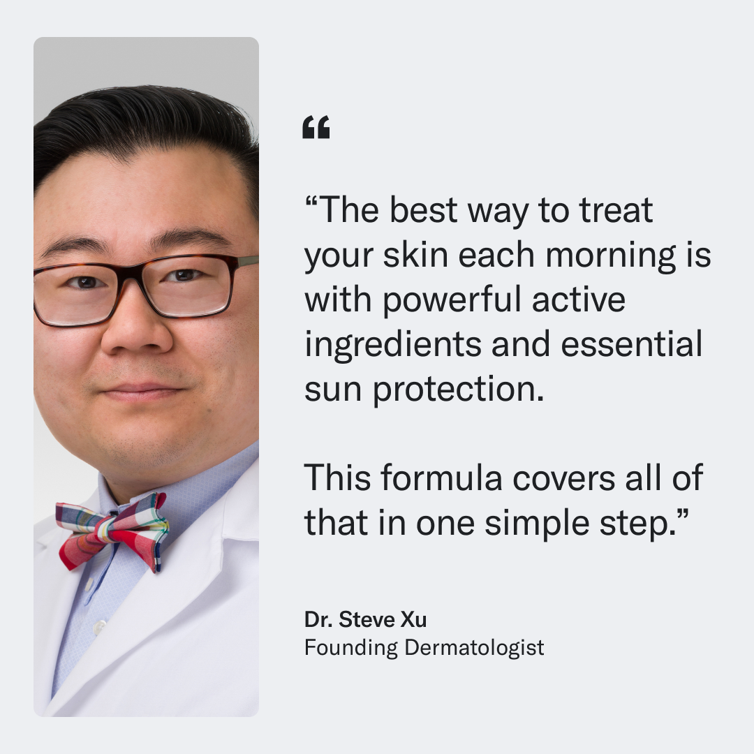 Portrait of an Asian male dermatologist wearing glasses, a white lab coat, and a colorful bow tie, with a quote about Geologie's Moisturizing Face Cream with SPF15 formula.